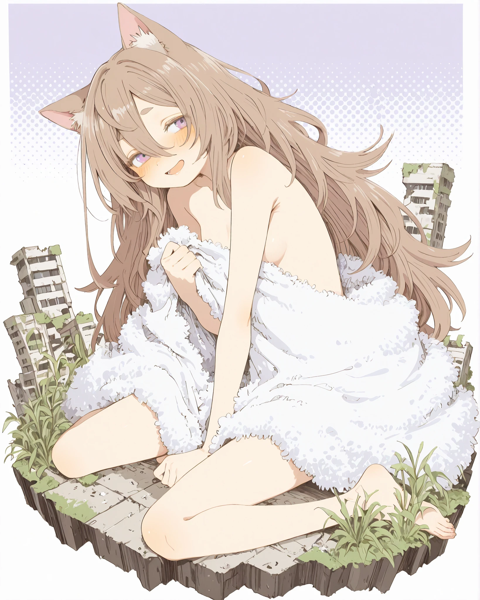 ((Abara Heiki style)), ((Masterpiece)), ((best quality, amazing quality)), ((very aesthetic, absurdres, newest)), (faux figurine:1.5), ((Gacha Splash, Transparent background, Mini background)), (Asymmetrical background), ((halftone)), (cinematic lighting), ((1girl)), Cute young Girl, (Healthy Gaunt body, Textured skin, small , cleavage, tilt head), fuzzy blanket, foamy blanket, tattered blanket, (blanket wrapped , Covering myself with blanket, slightly exposed sideboob), ((Grab the fuzzy blanket)), shy, blush, Open mouth, (troubled smile), Thin and short eyebrows, troubled eyebrows, fuzzy Cat ears, Pale brown hair, unruly hair, (hair between eyes, long bangs, long side bangs), BREAK, (pale purple eyes, gradient eyes, averting eyes, looking at side), (loose sitting, wariza), outdoor, Beautiful ruins covered with lots of vegetation, aged ruins, pile of rubbles, weeds, sunnyday, ((Idyllic atmosphere)),