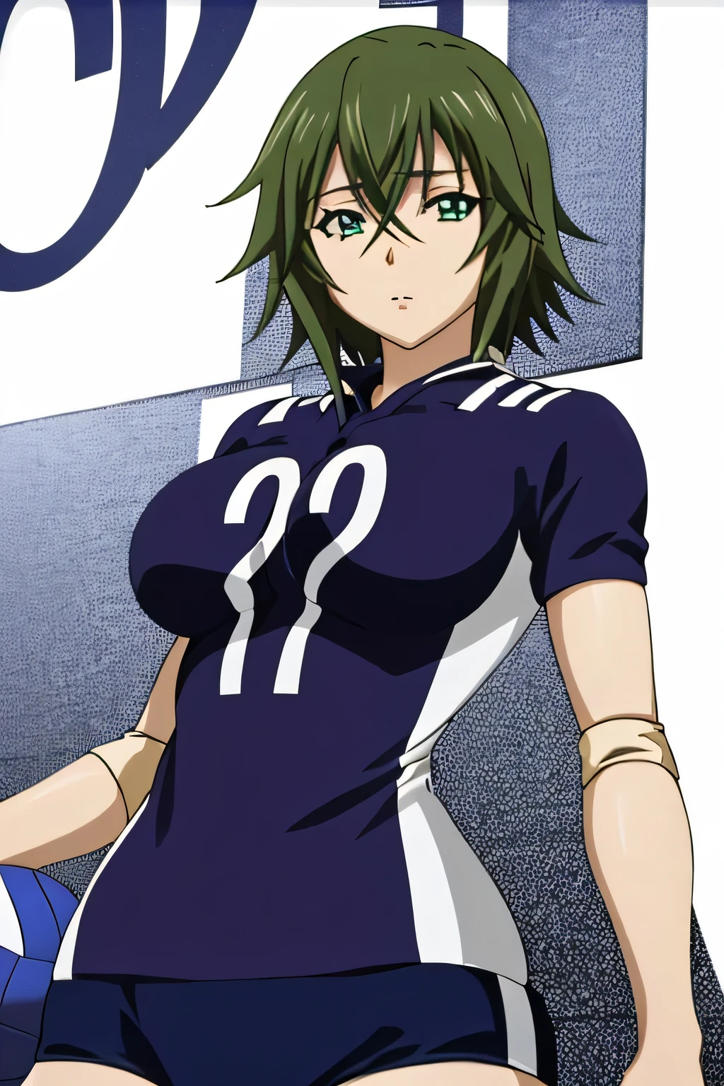 (masterpiece, best quality, high resolution, 8k:1.2), (anime coloring:1.2), very detailed, beautiful eyes, perfect eyes, detailed eyes, feature large highlight, perfect face, detailed face, ultra-detailed, detailed eyes, symmetrical eyes, (mature face:1.0), perfect body, 1girl, solo, KyochoChuukou, short hair, large breasts, hair between eyes, green eyes, green hair, (large breasts), (nffsw, Volleyball wear, gym), looking at the viewer, in the center of the image, (cowboy shot:1.2), dutch angle,