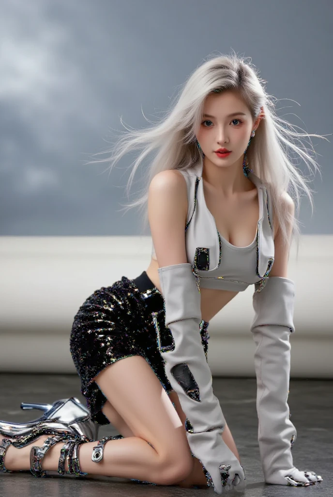 (anime:1.3), (fashion portrait:1.6), ultra detailed, beautiful, masterpiece, best quality, _ BREAK (1girl:1.2), 22 years old, 160 cm, Japanese cute model, Tightened all body, medium Breasts, small head, small face, diamond Face, small nose, Sharp Faceline, young hands and fingers, beautiful hands and fingers, five fingers, _ BREAK (Glossy Lips:1.3), (Light color lips, Half open mouth, beautiful Teeth:1.2), (dropy eyes, Double eyelid, Blue eyes:1.), _ BREAK (arranged hairstyle:1.3), (gray hair:1.3), _ BREAK (gray background:1.4), blurry background, Fog, mist, _ BREAK (cowboy shot:1.7), (standing:1.6), (sexy model pose:1.6), BREAK (Cyberpunk theme:1.2), ((wear an oversized white turtleneck with holographic circuit pattern) paired with (black A-line layered long skirt):1.2), (black thigh-high boots:1.2),
BREAK
(silver accessories:1.2), (silver hoop earrings:1.2), (silver ankle bracelet:1.2),