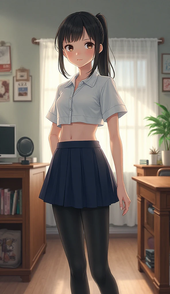 (A small :1.3),(Masterpiece, Best quality:1.4), (Beautiful, Aesthetic, Perfect, Delicate, Intricate:1.2),((Best quality)), ((Masterpiece)), (Detailed),(A high resolution:1.2), Classroom, An adult female, Red shirt, White skirt, , sad face, placing her right hand on her , big
