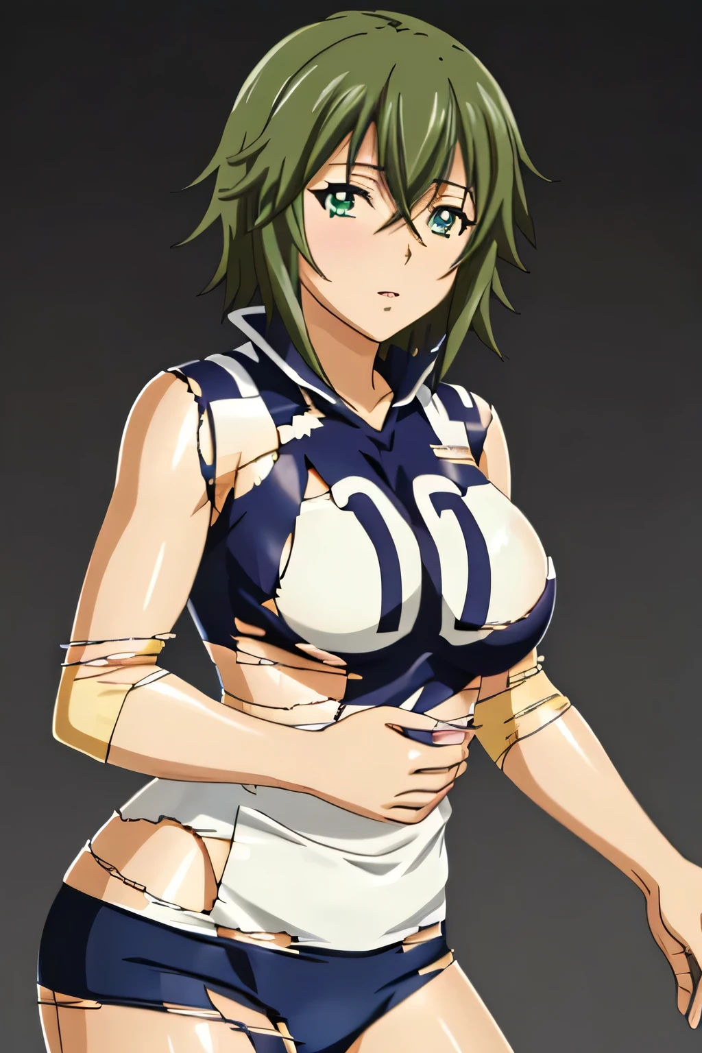 (masterpiece, best quality, high resolution, 8k:1.2), (anime coloring:1.2), very detailed, beautiful eyes, perfect eyes, detailed eyes, feature large highlight, perfect face, detailed face, ultra-detailed, detailed eyes, symmetrical eyes, (mature face:1.0), perfect body, 1girl, solo, KyochoChuukou, short hair, large breasts, hair between eyes, green eyes, green hair, (large breasts), nffsw, (torn volleyball wear), (torn clothes:1.4), (gym), looking at the viewer, in the center of the image, (cowboy shot:1.2), dutch angle,