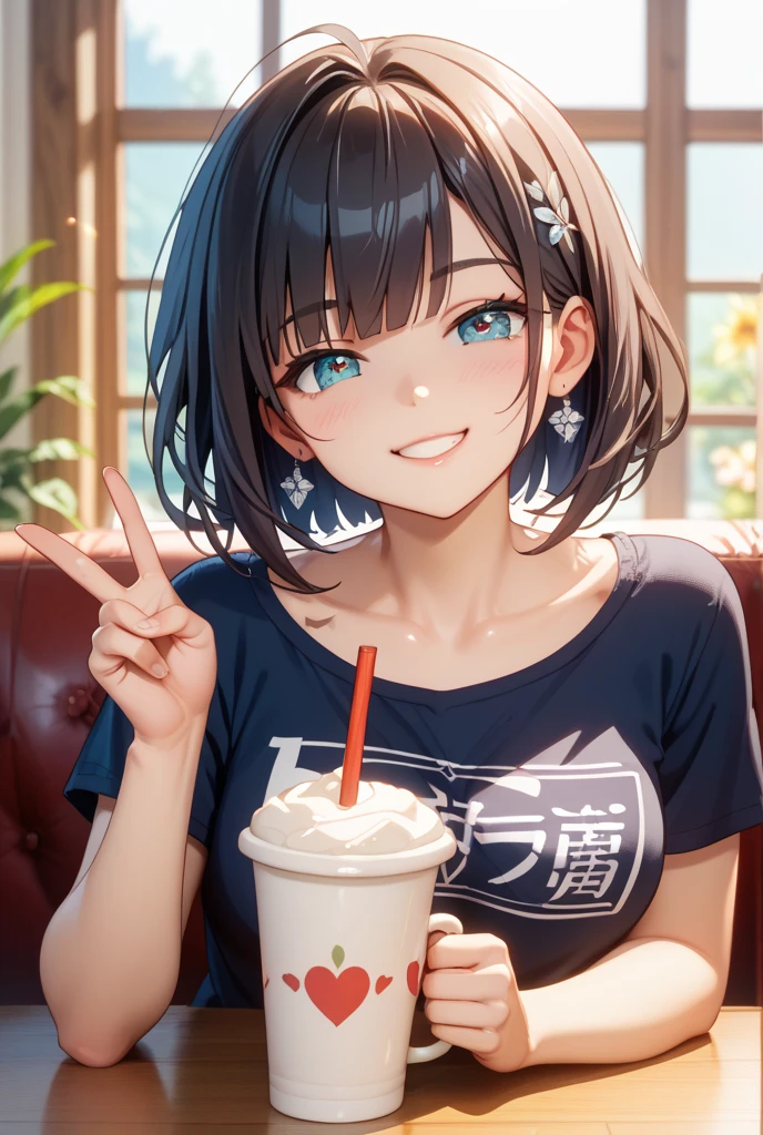 Masterpiece, High resolution, High-definition CG Unity 8K,Beautiful and detailed face, detailed hair texture, beautiful face,1 girl,(black eyes),small breasts, (very short messy brown hair), (at night),break,(evil grin),troubled eyebrows,(at the pub table), (having alcohol),(POV),(Denim Jacket),black shorts