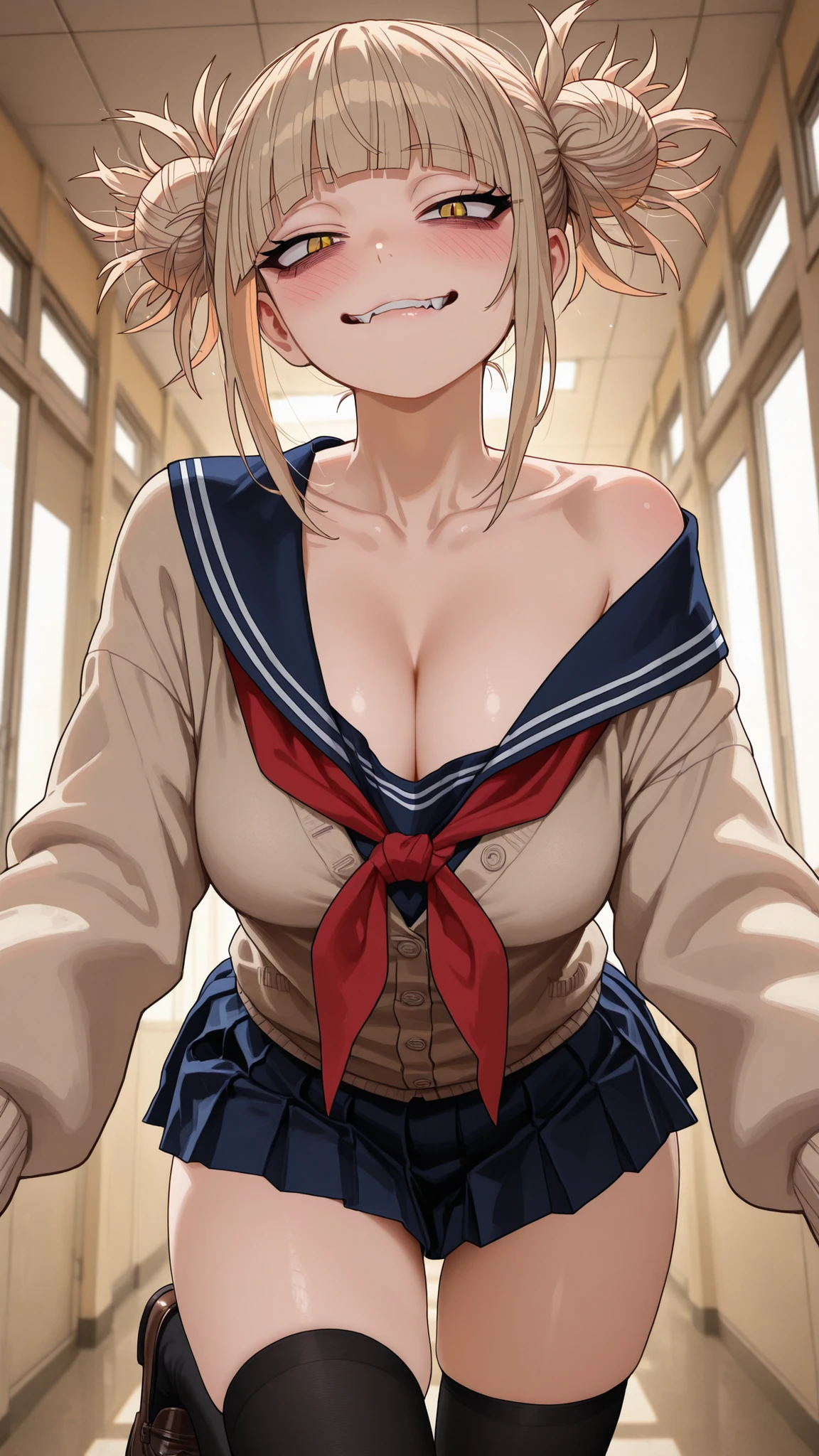 photography, ultra highres, RAW photo, toga himiko, intense yellow cat-like eyes with vertical slit pupils, dark circles under eyes, wild blonde hair with distinctive sidelocks, straight-cut bangs, narrowed gaze, messy double bun hairstyle with loose strands, disheveled brown cardigan sliding off one shoulder, tight blue serafuku top with buttons straining, red neckerchief loosened, extremely short blue pleated miniskirt riding up thighs, black knee-high socks with one rolling down, brown loafers, arching back against school hallway lockers, fingers tracing collarbone, shirt partially unbuttoned showing cleavage, flushed skin, biting lower lip, golden hour lighting, detailed fabric textures