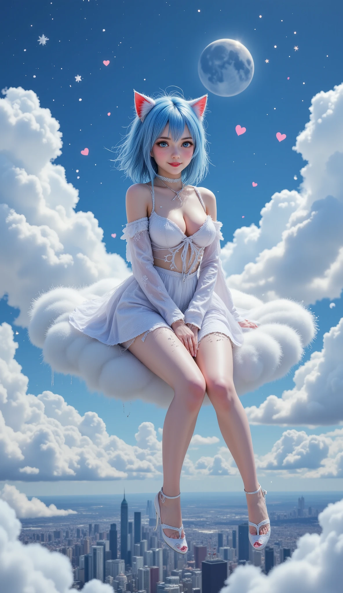 3D anime girl with shaggy blue hair, fading to red, cat ears, sitting on a fluffy cloud, heart, frost, raindrops, clouds, moon, starry sky, smiling sweetly. Below is a city with skyscrapers. Photorealistic style, Photoshop, reality, fine detailing.
