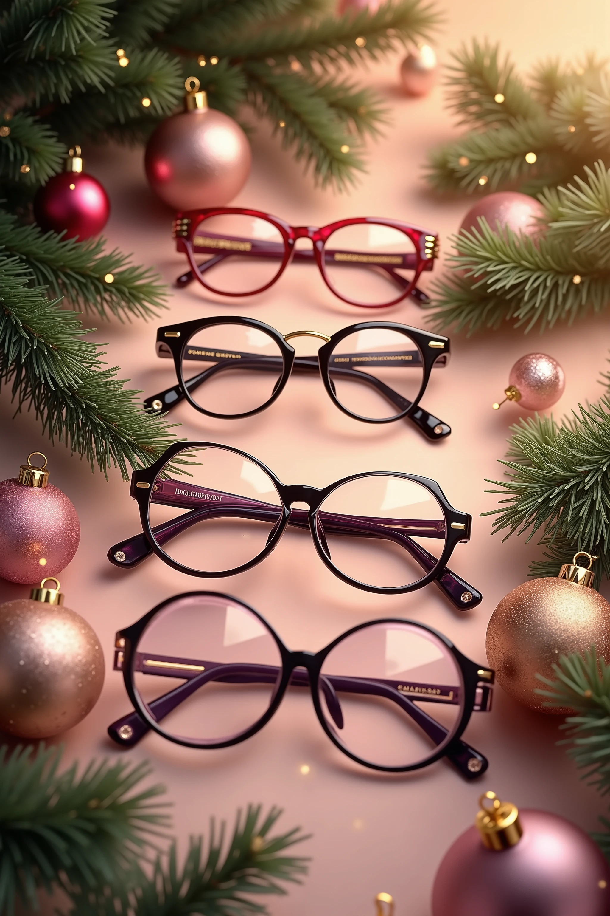 Draw a promotional New Year poster for an optical store (sells glasses). There should also be glasses in different frames, and spruce branches around, gold and pink Christmas tree balls.
