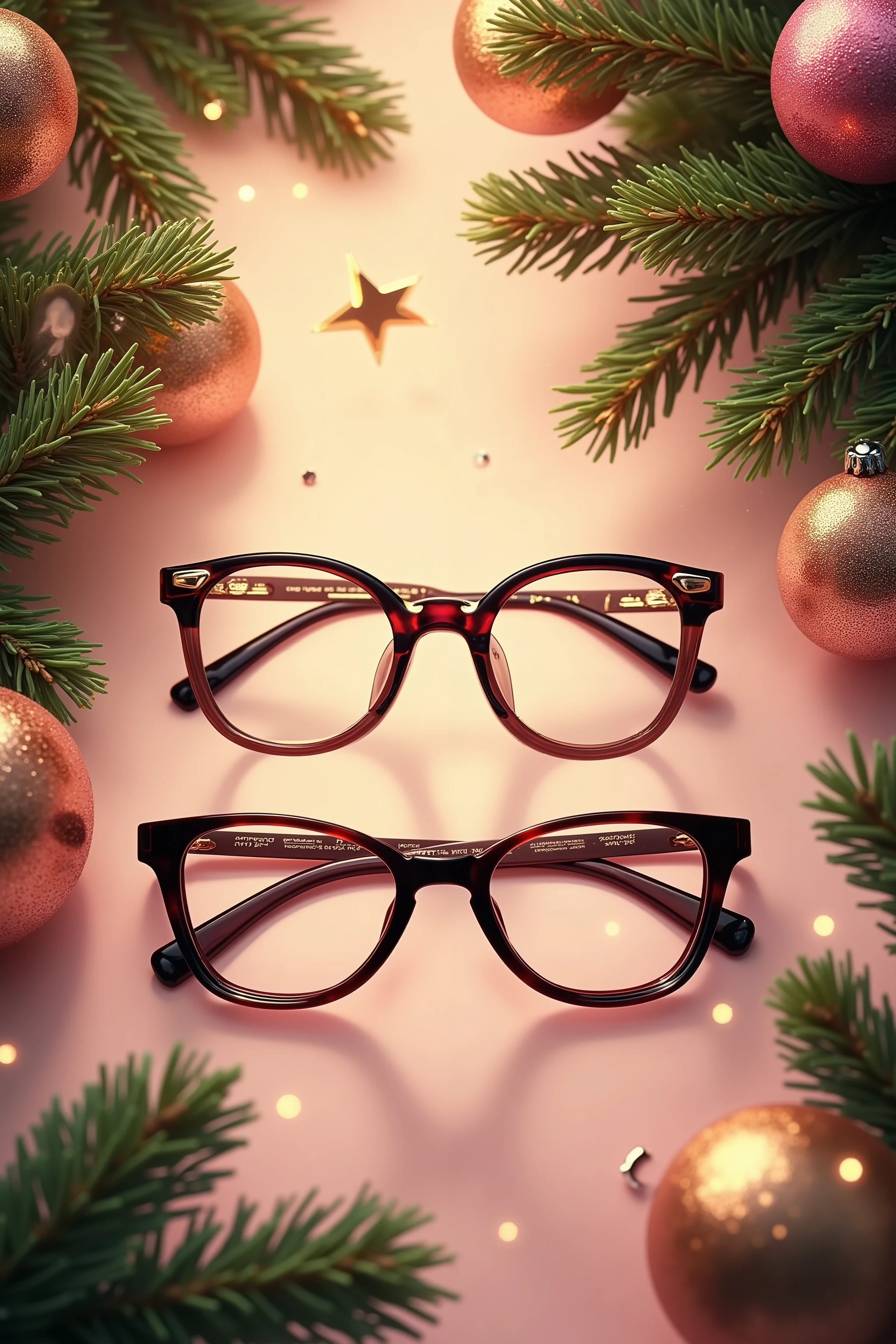 Draw a promotional New Year poster for an optical store (sells glasses). There should also be glasses in different frames, and spruce branches around, gold and pink Christmas tree balls.