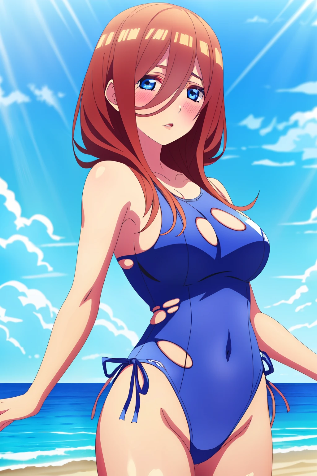 (Highest quality, high resolution, super detailed, 8k:1.2), (Anime coloring), artistic rendering, (Provocative, Sensual, Erotic:1.1), (Beautiful, detailed, expressive), (torn leotard swimsuit:1.5), (thighs), (beach, blue sky, blush), (cowboy shot:1.2), eyes and lips, seductive pose, subtle lighting, playful atmosphere, anime style, soft color palette, seductive look girl, flirtatious gaze, creative composition, suggestive fashion, cute and sexy juxtaposition, teasing and seductive energy,