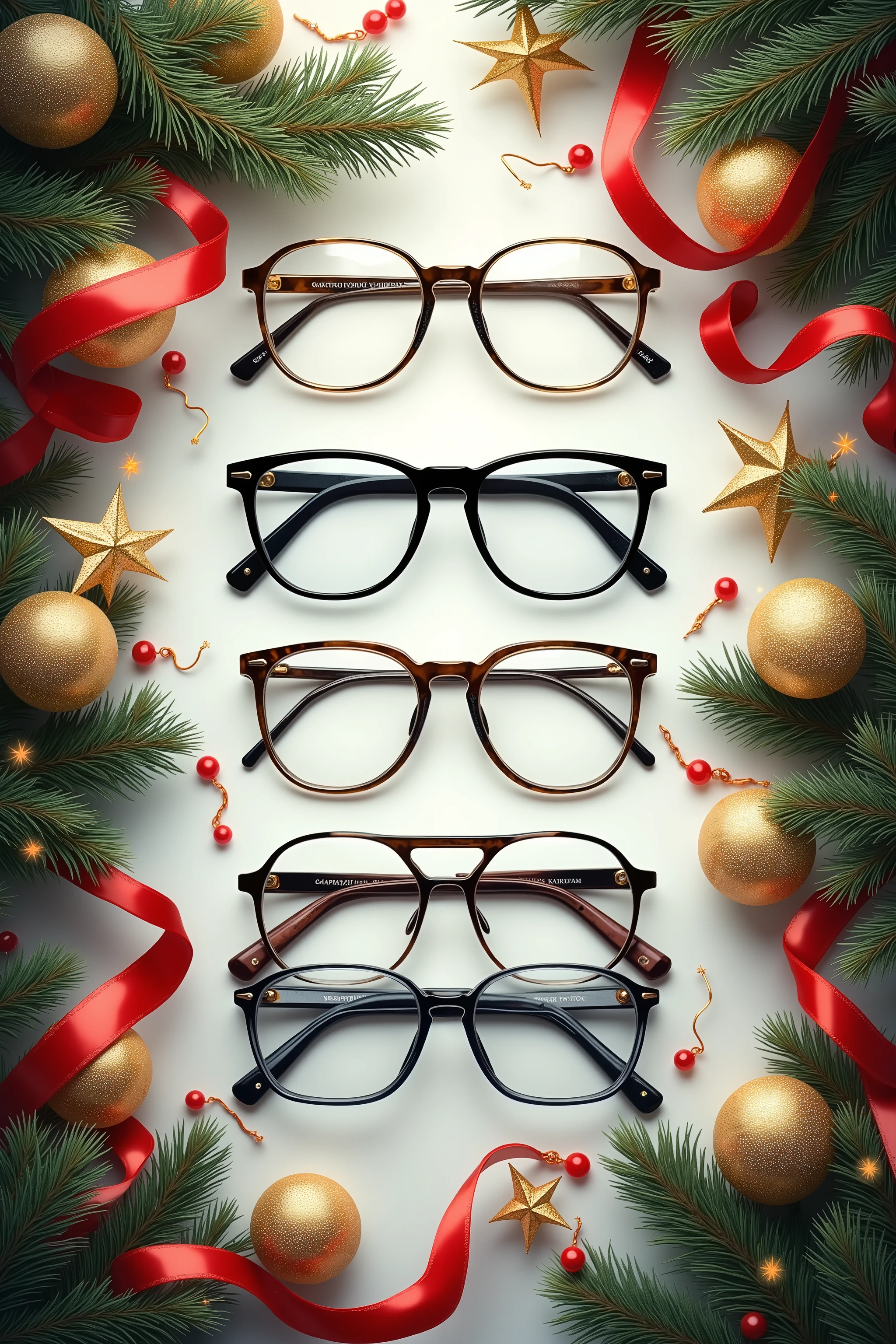 Draw a promotional New Year poster for an optical store (sells glasses). There should also be glasses in different frames, and spruce branches around, gold-colored Christmas tree balls, serpentine ribbons.