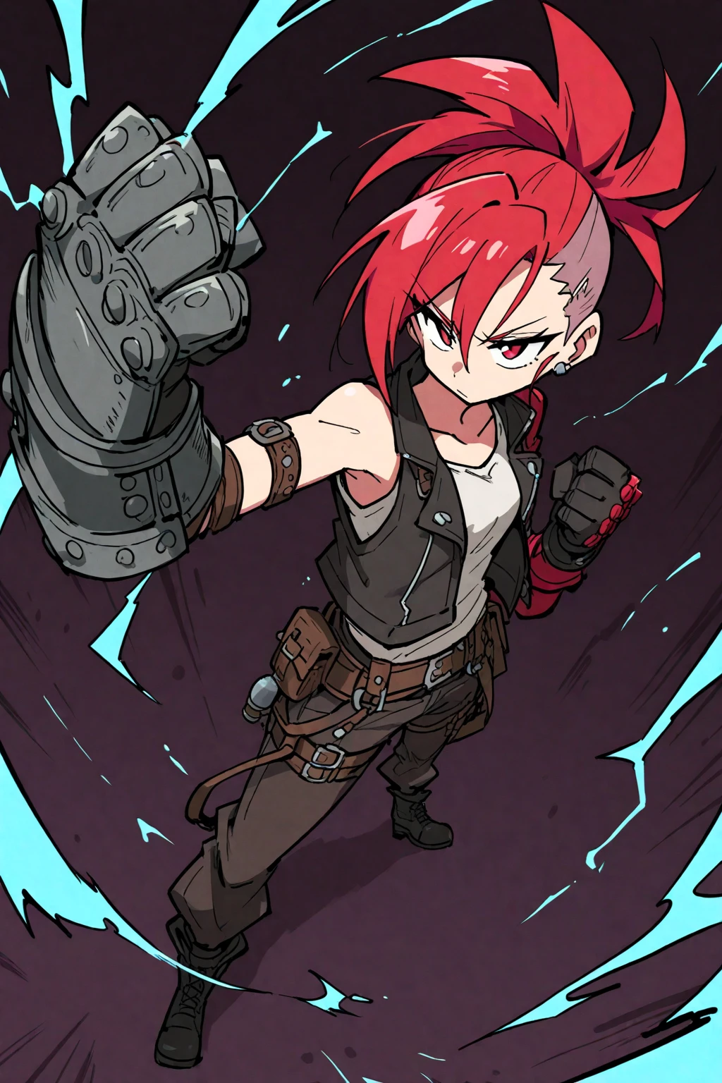 a female gang leader absorbing modern machinery onto her arms