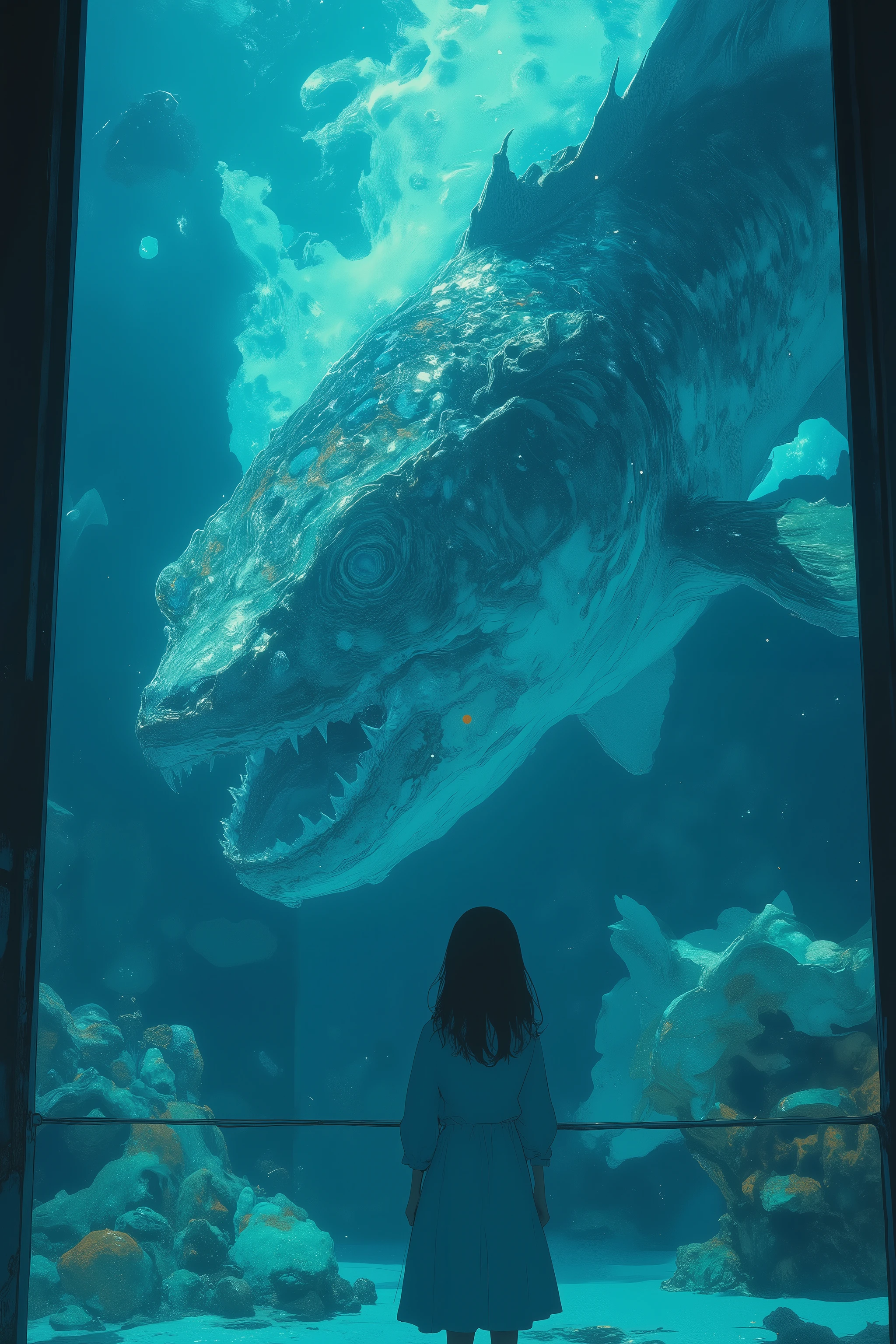 standing in front of a huge indoor aquarium tank、there is a little girl who is watching with mystery and awe at the otherworldly and super-huge ancient fish swimming there,What fish A pattern that has thick scales and shines mysteriously like ancient magic comes to mind、a figure that combines the characteristics of coelacanths and dinosaurs,the aquarium is dimly illuminated by soft blue or green ambient light,has fantastic reflections on the glass,floating plankton and bubbles create a deep sea atmosphere,The girl has a simple, modern cornflower blue dress,softly illuminated by cold blue light from the tank、The girl concentrates on giant fish