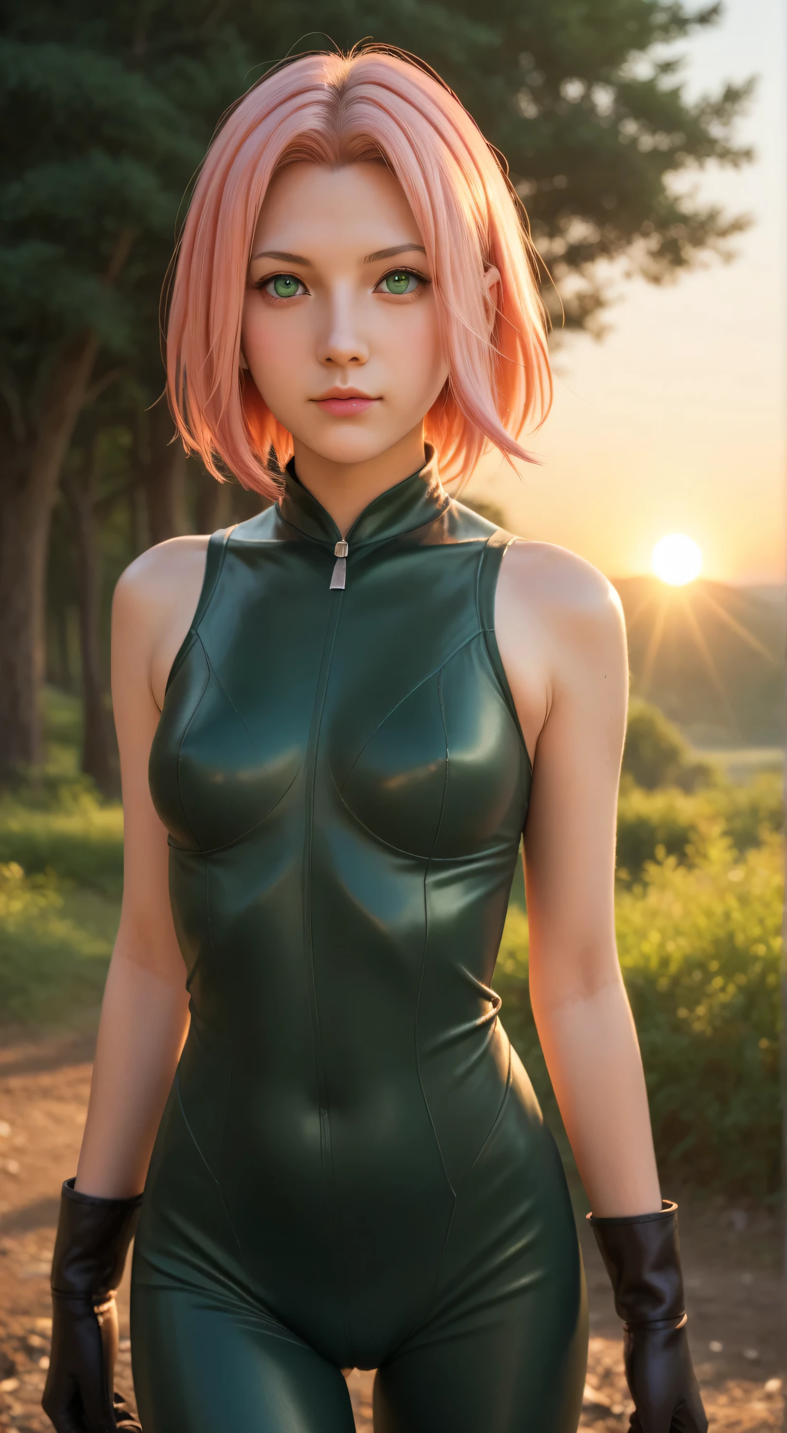 1girl, solo,haruno sakura,emerald eyes,pink hair,short hair,outdoors,potrait,small breast,nature, standing on battlefield,sidelocks,(sunset lighting:1.5),red sunset,looking at viewer, front view,close up,black glove,(fantasy background:1.5),(bodysuit:1.5),sleeveless,close up
