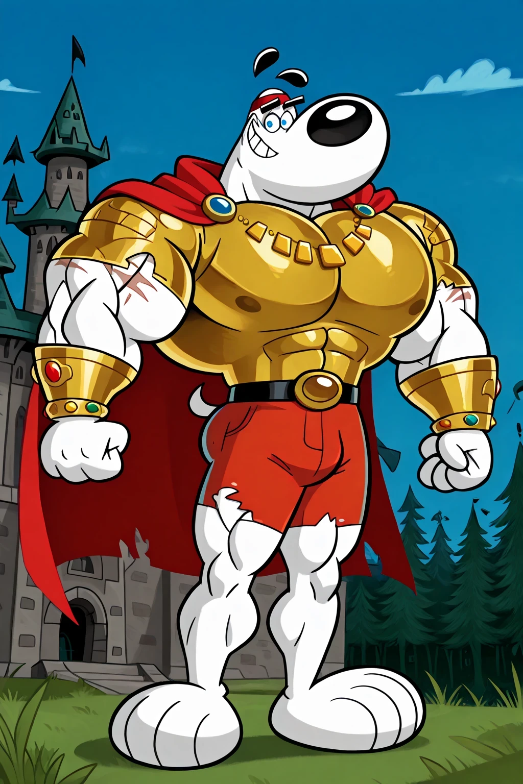 A Giant strong muscular barbarian dudley puppy (T.U.F.F Puppy), giant white dog, cartoon 2d style, giant size, macro size, 50-foot size, 100 feet tall, close focus, muscular body, big castle background, a green giant beanstalk behind, Masterpiece, best quality, high quality, detailed, Dudley Puppy, male, solo male, 1boy, broad shoulders, mature male, blue eyes, athletic build, muscular male, black ears, black eyebrows, animal ears, white body, big eyebrows, sharp teeths, sharp claws, shirtless, round snout, close focus, golden armor, golden chest, golden wrestler champions belt, Red headband, Golden wrist tape, Golden elbow pads, Golden kneepads, ripped orange shorts, red underpants, bigger golden bracelets with colorful jewels, golden necklaces with colorful jewels, red tattoos, scars on the body, big feets, ripped very long red prince cape, outdoors, looking at viewer, powerful smiling expression, macro size, giant size, 50-foot size, 100 feet tall, blue sky background, ginomous biceps, enormous pectorals, big castle background, micro trees, grass, mountains behind, solo giant dog barbarian, jack and the beanstalk scene, background focus very close, castle background, (macro with a miniscule castle and forest 1.7)