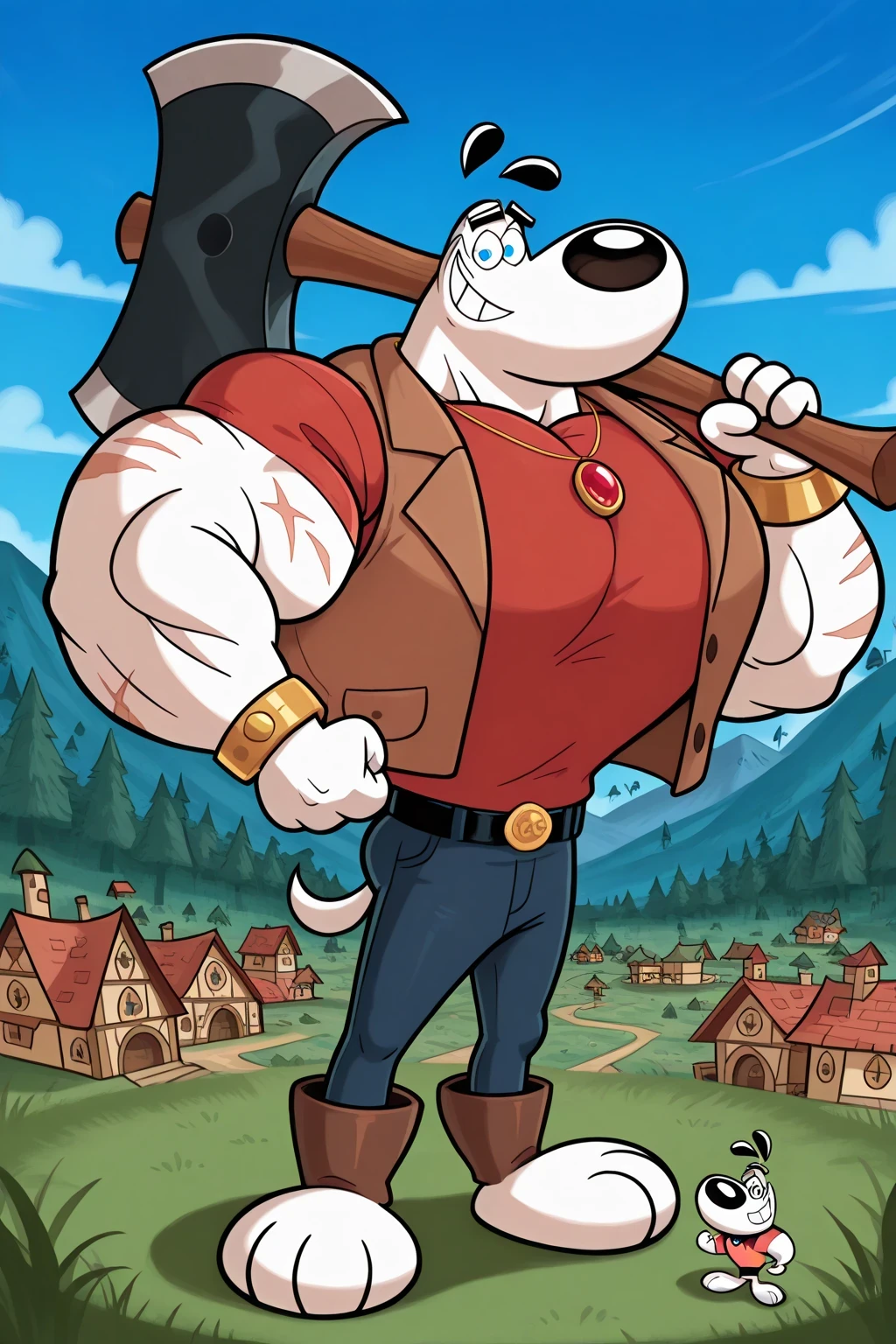 A Giant muscular lumberjack paul bunyan dudley puppy (T.U.F.F Puppy), white dog, cartoon 2d style, giant size, macro size, 50-foot size, 100-feet tall, full body, muscular body, village and forest background, Masterpiece, best quality, high quality, detailed, Dudley Puppy, male, solo male, 1boy, broad shoulders, mature male, blue eyes, athletic build, muscular male, black ears, black eyebrows, animal ears, white body, big eyebrows, red shirt, brown vest, round snout, full body, dark blue pants, gold and black belt, biggest golden bracelets with red jewel, necklace, big feets, biggest wrestler brown boots, outdoors, looking at viewer, smiling, macro size, giant size, blue sky background, holding a big massive gigantic large axe, village and forest and castle background, mountains behind, tiny trees, grass, fairytale fantasy scene, saturaded colors, 100-feet tall, 50-foot size, macro size, giant size, giant strong lumberjack dog, scars on the body and his face, tattoos, powerful smile expression.