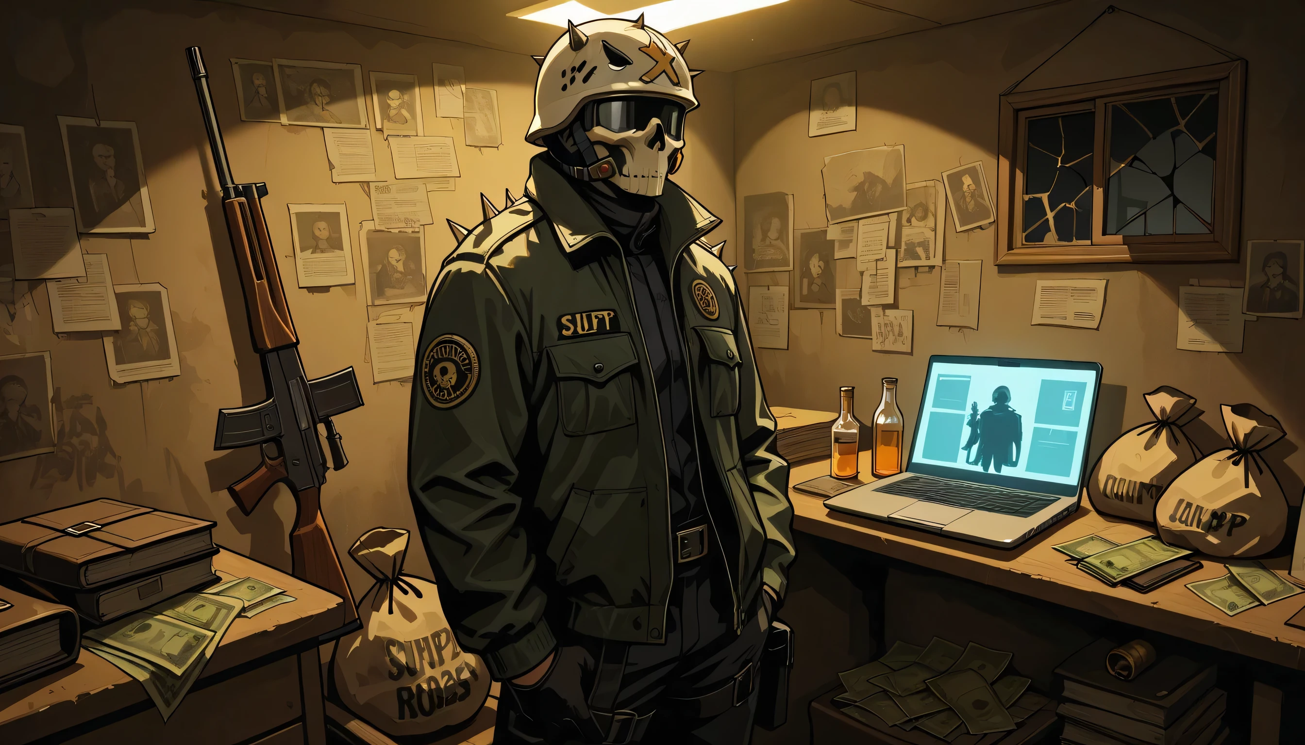 score_9,score_8_up,score_7_up,score_6_up,top quality, very detailed, super high resolution,32k uhd, sharp concentration, best quality, masterpiece, emotionalization, unconventional supreme masterpiece, Stunning Details, Warm atmosphere, high-end texture, in the style of a GTA concept art, Dynamic Angle, organized chaos,
Desk, lots of money, money stacks, money bag, laptop with broken screen, open bottle, helmet with spikes, skull helmet, pistol, bullets, passport, wallet, rifle, jacket, broken window, bikes in background, photo on wall, documents, messy room, criminal hideout, ill-gotten gains, high stakes, dark undertones, crime scene aftermath.