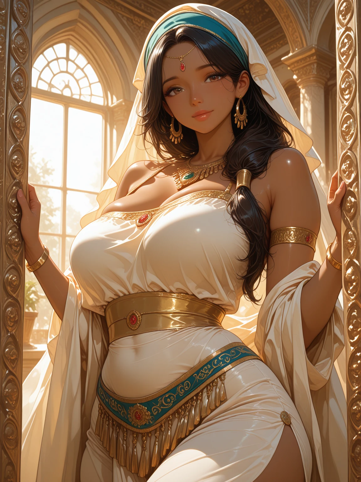 Cute young curvaceous woman in her 20s, Burmese traditional Thanaka on her cheeks, jasmine flowers on each braids, embracing a waterpot near green paddy-field,looking back over shoulder, ?????????? showing huge prefect ???? ???????, physically-based rendering, glistening skin, full body shot, best quality,ultra-detailed,realistic, portrait, Norse goddess Frigg, beautiful detailed eyes, beautiful detailed lips, giant ???????, skinny but curvy, long braid flowing in the air, serene and wise expression,transparent long skirt, short white blouse, open ?????, showing ????, showing shoulders, showing ????, transparent fabric, watery wet clotheest quality:1.3), eye focus, ?????????????, thick ????,(rear view), standiing, Sunset of village background, photo with ultra realistic image quality taken with a Canon EOS 5D Mark IV camera with lens, Canon EF 24-70mm f/2.8 L \\ USM --auto --s2