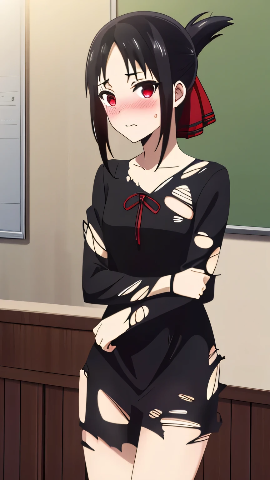 (best quality, masterpiece, 8k:1.2), anime, detailed,
Shinomiya Kaguya,1girl, solo, (black hair:1.2), side Lock, red eyes, short hair, folded ponytail, red hair ribbon, eye light, (small ), ((torn dress:1.4), (torn black dress:1.4), long sleeve, Shuchiin Academy, Room, Student Council Room), (blushing:1.3), (from front:1.2),
Definition CG Unity, Perfect lit, bright_front_face_lit, Super detailed, photograph, 8K, nffsw, High resolution, (absurd:1.2), kodak portrait 400, film grain, Lens flare, (lively_color:1.2),
looking at the viewer, (cowboy shot:1.2), dynamic angle,