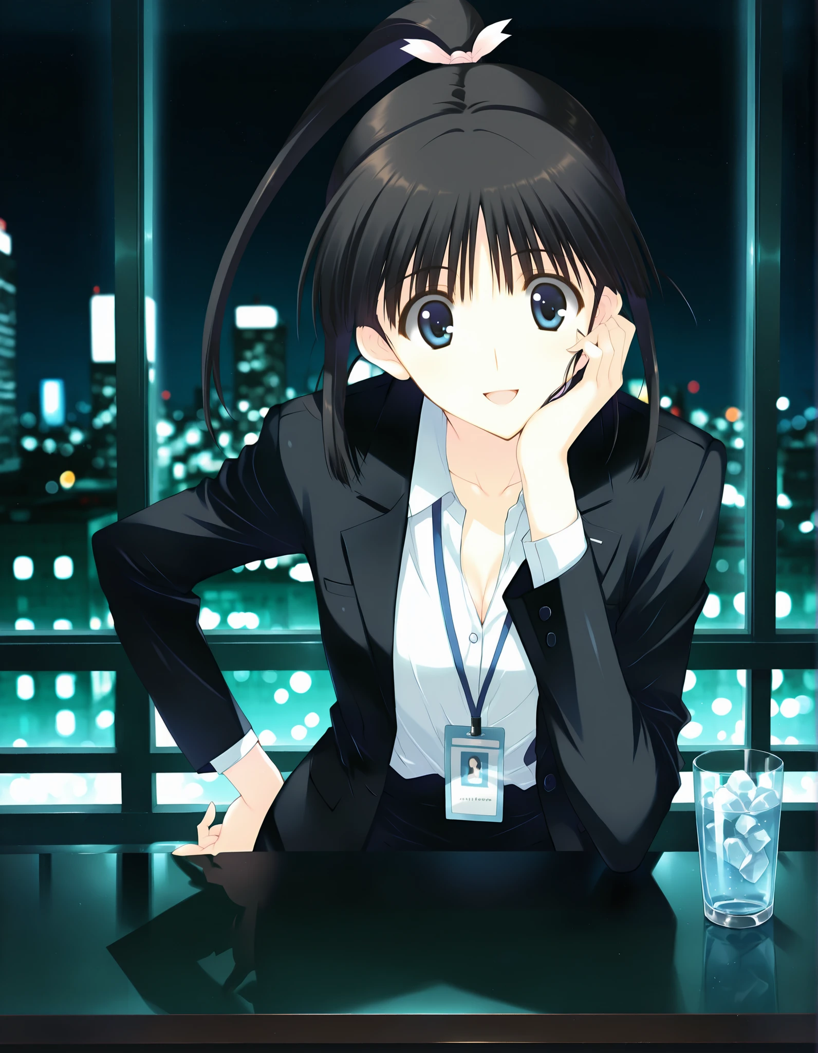 masterpiece,best quality,good quality,newest, (masterpiece, best quality, ultra-detailed, 8k, sharp focus, absurdres),
smile, looking at viewer, solo, anime coloring, sugiura_koharu\(white_album_2\),1girl,black hair,ponytail,hair ribbon,blue eyes,1girl, solo focus, office lady, beautiful detailed face, 
black tailored jacket (front open), white dress shirt tucked in, black pencil skirt, slim waist, hip emphasis, ID card lanyard around neck,black high heels, 
standing three-quarter view, hand on hip, confident expression, slight smile, 
modern office lobby background, large windows, city night view, bokeh lights, 
cinematic lighting, rim light, god rays through glass, depth of field, 
intricate fabric texture, realistic folds on shirt and skirt, subtle cleavage,solo focus, full body, long shot,Dynamic pose,High solution,. her hair is floating in the air, Reflecting agile movements, Contrasting colors enhance the lively atmosphere of the scene, The speed effect of moving lines adds an anime touch to the action)), (((Motion Effect))), (Like a subtle blur),fighting stance,((condensation)),,(( blurry)),,(((melancholy))),(((solo:1.3))), hand on own face , open hands , spread fingers , arm support , arm rest , holding cup , ice , bar \(place\) ,  , [looking down , :looking at viewer , :0 . 5] smile , (green theme:0 . 5) , dark background , shadow , photo background ,(open mouth),, ID card reflecting soft light, 