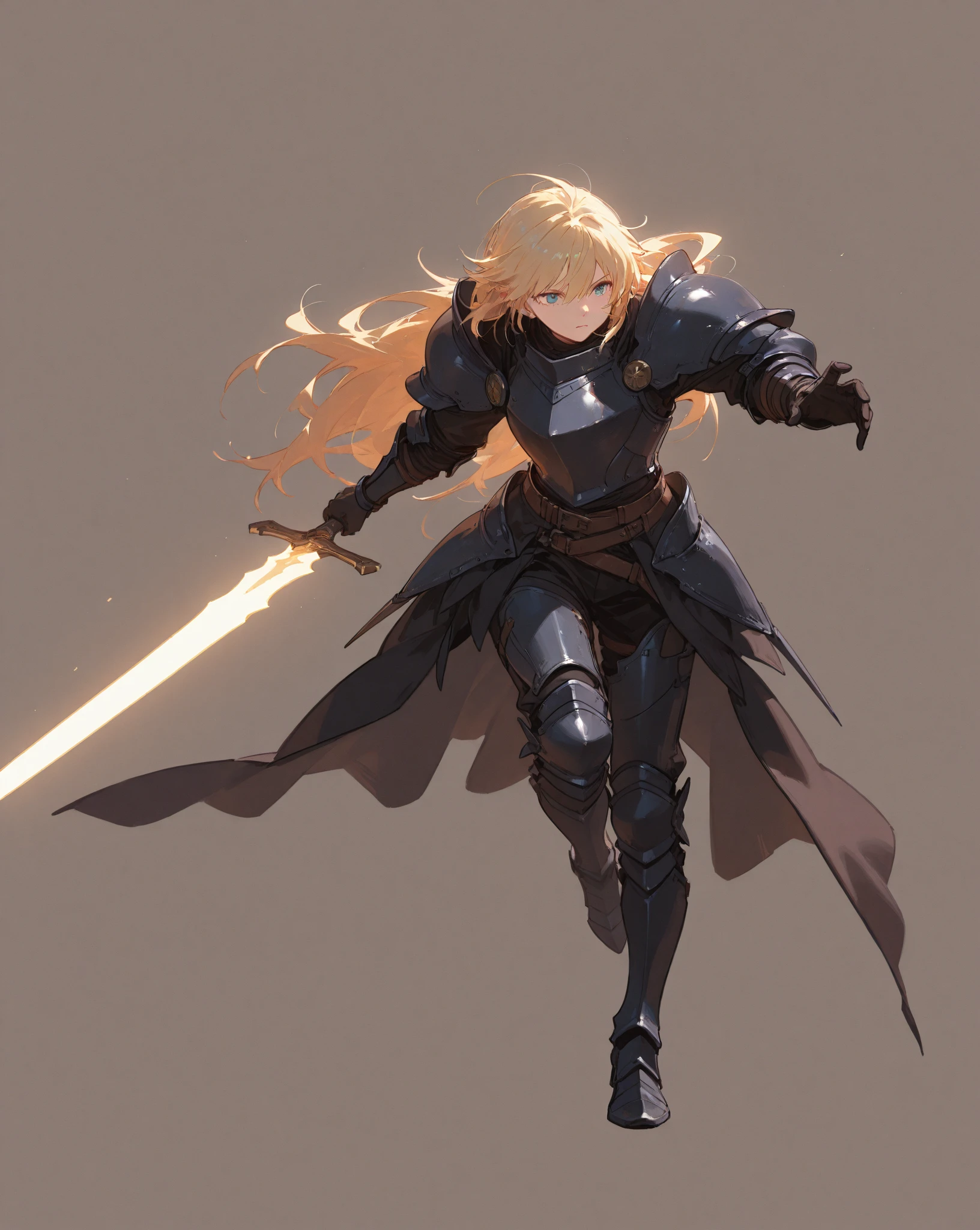 (((Solo)))、Highest quality, Best Quality、(((Gray simple armor、Black trousers、Black gloves))、(woman、18-year-old)、(Blonde、Long Hair)、Grab the sword、(Simple Background)、(Fighting stance, battle)、Dramatic Angle、(Blue and yellow aura)、From below