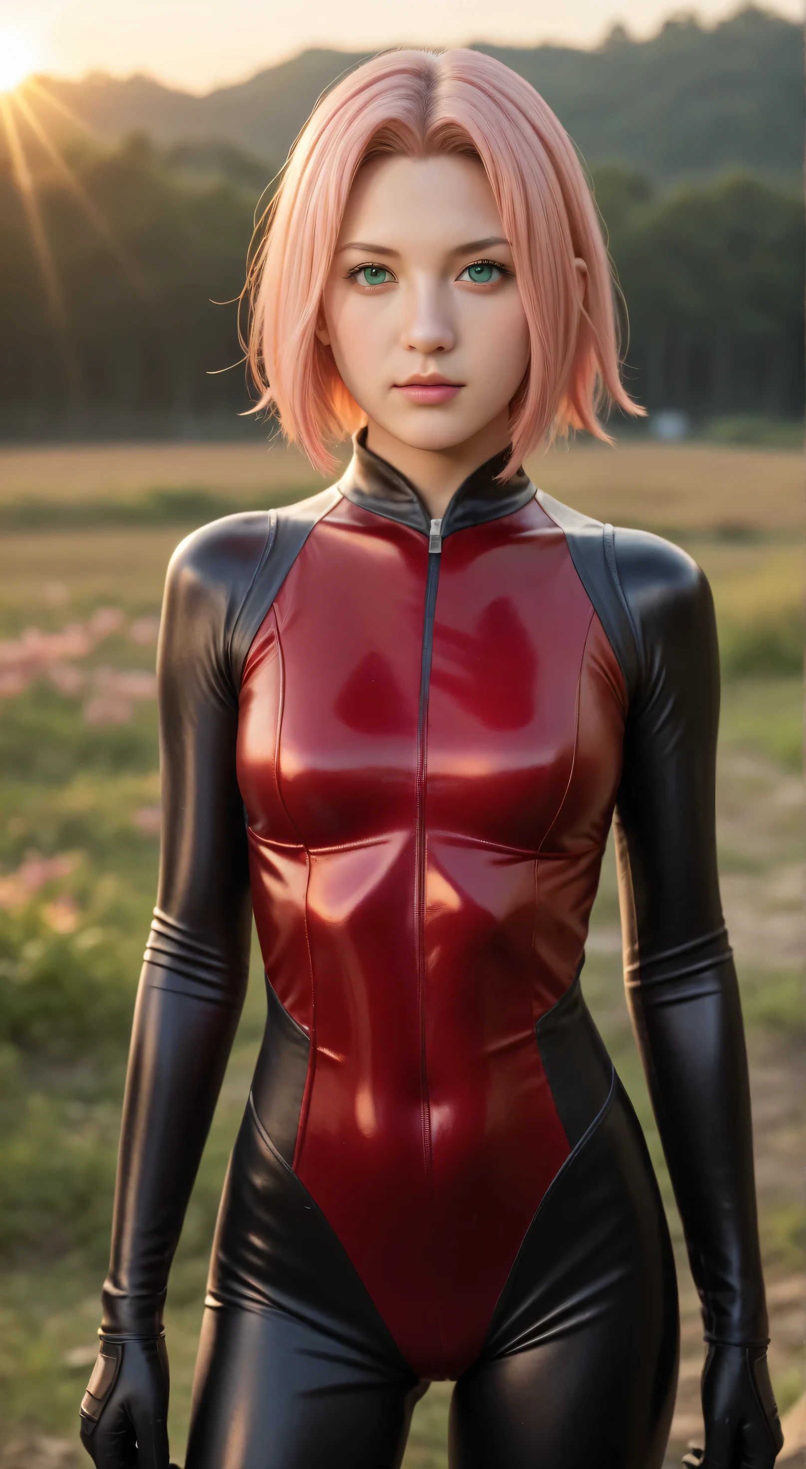 Masterpiece, best quality, 8k, ultra high resolution, photorealistic, cinematic composition,1girl, solo,haruno sakura,emerald eyes,pink hair,short hair,outdoors,potrait,small breast,nature, standing on battlefield,sidelocks,(sunset lighting:1.5),red sunset,looking at viewer, front view,close up,black glove,(fantasy background:1.5),(bodysuit:1.5),sleeveless,close up