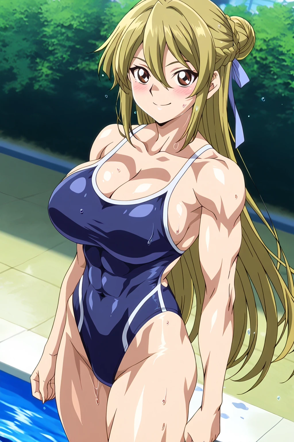 傑作、Best quality、Best resolution、Best image quality、amazing quality、 very aesthetic、 absurdres、anime coloring、anime screencap、anime screenshot、1girl、 <lora:Asuka_Tenjoin_Noob_Lora:1>、Asuka T、blonde hair 、brown eyes 、hair between eyes 、long hair 、straight hair 、very long hair 、braid bun 、solo 、collarbone 、trapezius 、big breasts 、cleavage 、large breasts 、large boobs 、large tits 、deltoids 、anterior deltoids 、middle deltoids 、posterior deltoids 、biceps 、biceps long head 、biceps short head 、triceps 、triceps medial head 、triceps long head 、triceps lateral head 、brachioradialis 、thigh muscles 、semitendinosus muscles 、adductor magnus muscles 、hamstrings 、muscular lady 、tall lady 、toned body 、standing 、smile 、blush 、<lora:competition-school-swimsuit-ponyxl-lora-nochekaiser:1> 、competition school swimsuit 、school swimsuit 、trace swimsuit 、navy blue one-piece swimsuit 、one-piece swimsuit 、swimsuit 、wet swimsuit 、single vertical stripe 、high leg cut 、covered abs 、covered navel 、bare shoulders 、bare arms 、bare crotch 、bare thighs 、bare legs 、female focus 、looking at viewer 、cowboy shot 、dutch angle 、pool 、poolside 、outdoor 、