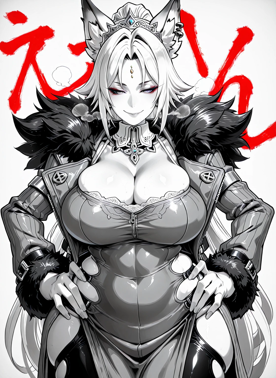(butcha-u-style:1.2), (zonda_(solid_air)-style:1.2)((anatomical correct)), (lineart:1.4), ((monochrome, greyscale, manga-style, spot colors)), perfect body, perfect eyes, perfect fingers, gasping, heavy breathing, gasping profusely, ((skindentation)), ((curvy)), Fe1x10, animal ears, long hair, ponytail, multicolored hair, white hair, red eyeliner, ringed eyes, forehead mark, ear piercing, athletic body, (voluptuous:1.5), (mature female:1.5), ((vignetting)), 1girl, breasts, dress, rating:safe, purple_dress, tiara, hands_on_hips, solo, cleavage, jewelry, fur_trim, long_sleeves, detached_collar, seductive smile,