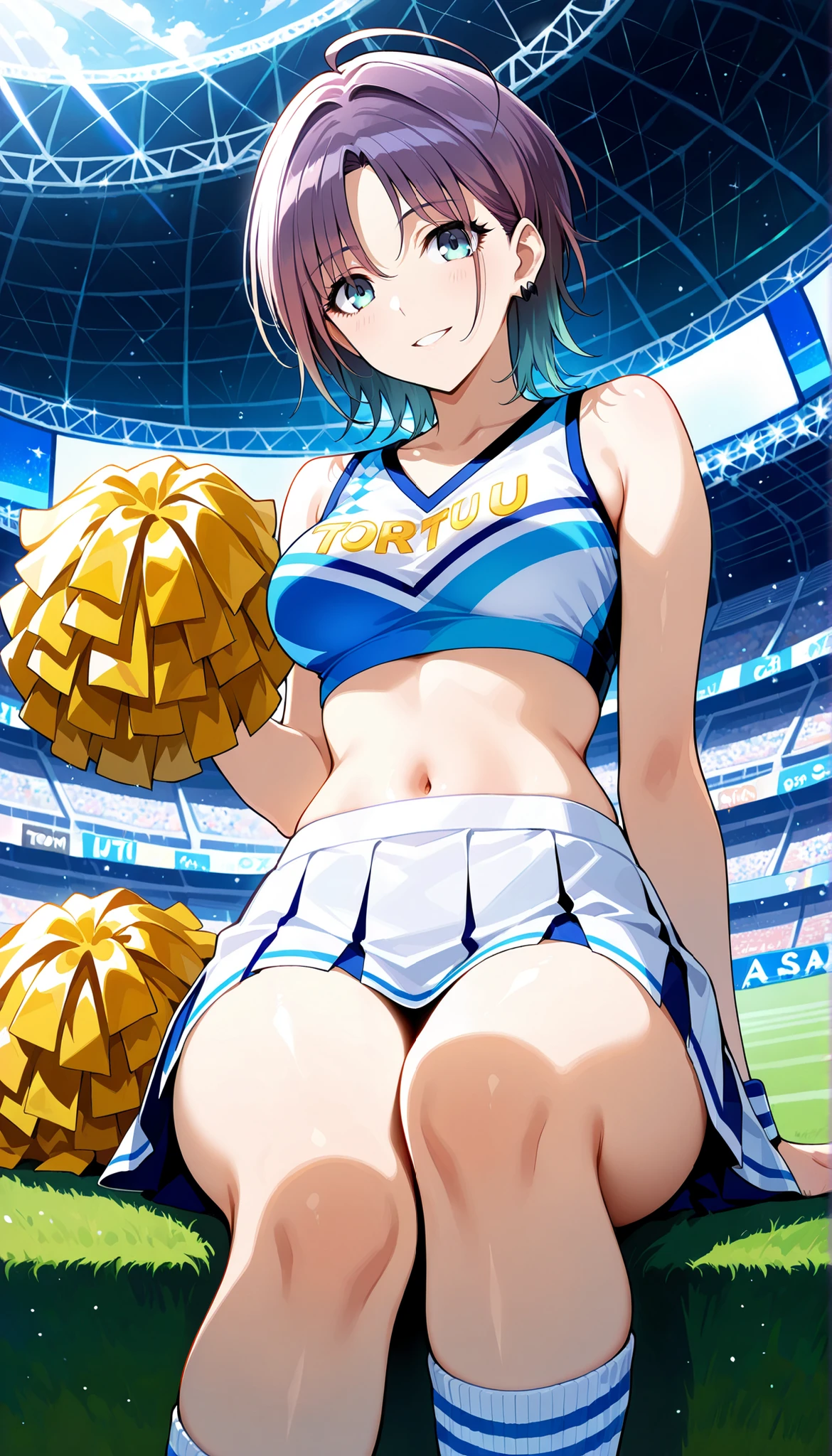 (((Toru Asakura))),(((medium breasts))),cheerleader,stadium,short hair,low angle,Ulchan-6500-v1.1, ( RAW photos :1.2), beautiful detailed, very detailedな目 美しい目,beautiful eyes,blue eyes, Large File Size, high resolution, very detailed, best quality, [masterpiece:1.6], Awareness-raising, very detailed, CG, finely, best quality, 8K wallpaper, perfect body shape,very detailed,sit down