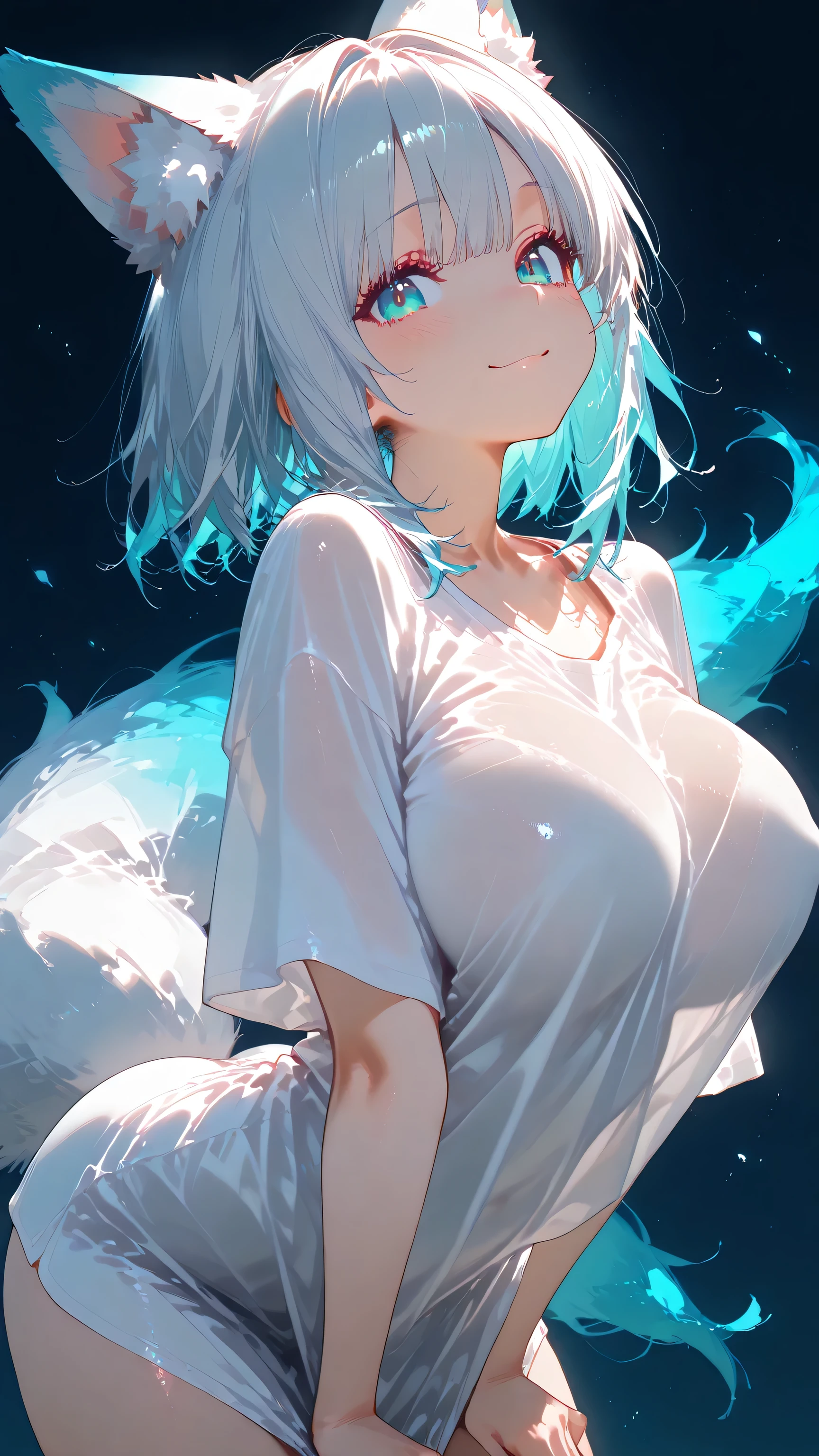 masterpiece,ultra detail,Ultra High Resolution,Fox Year,smile,gray hair,twin tail hair, Aqua Blue Eyes , women ,See-through,
無地カラーの「white,」large breast silhouette that can be seen through,perfect makeup and long false eyelashes in solid colors, Arched back ,vent over,black background,fantastic scenery illuminated by neon lights,Anime Girl by Role