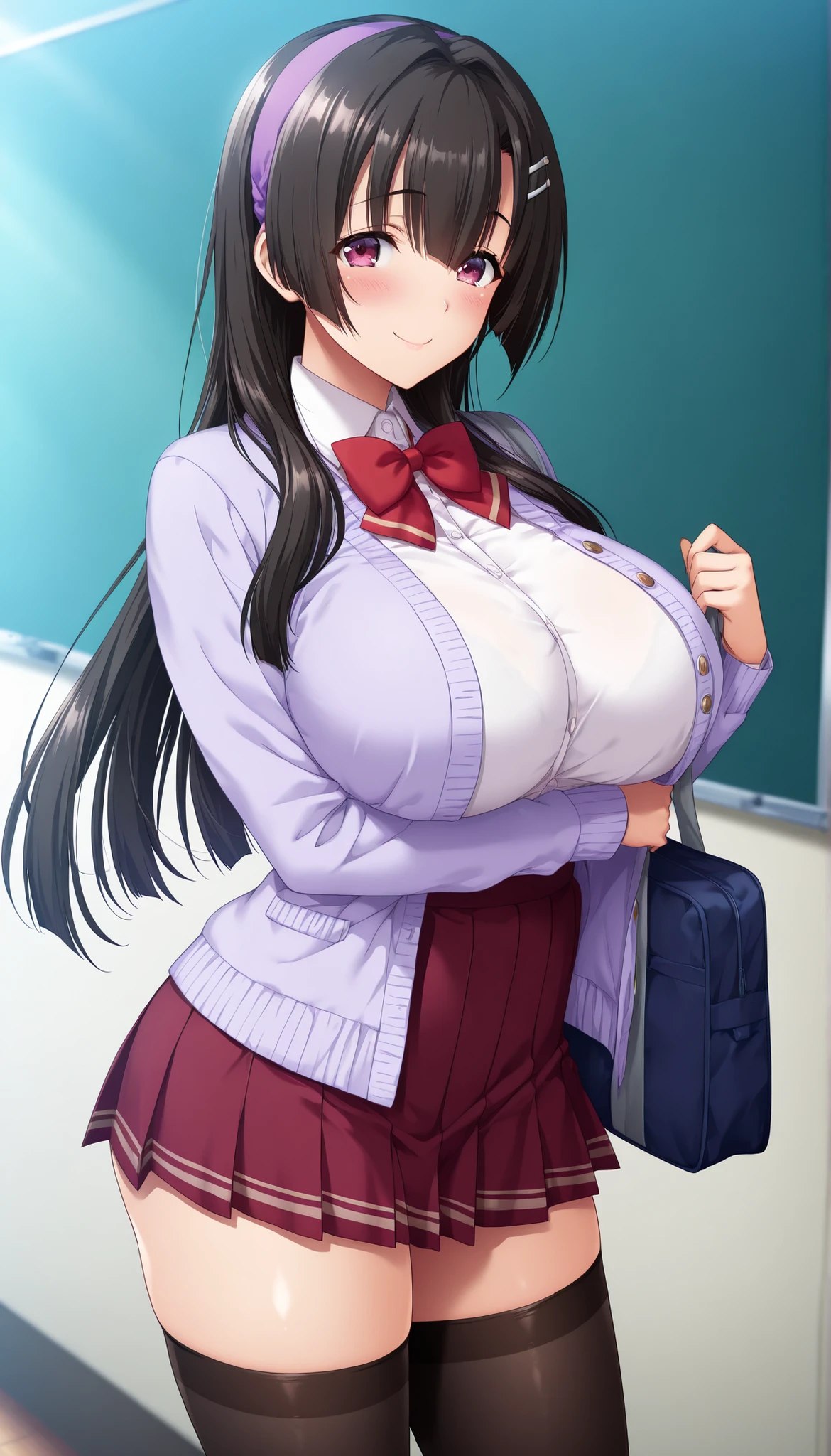 masterpiece, best quality, good quality, 1 girl, Onozaki Hiyori, black hair, long hair, maroon eyes, purple headband, large medium breast, beautiful breast, perfect ratio, slim, game cg style, blush, horny, slutty, smile, school uniform, white blouse, purple cardigan, red bow tie, maroon pleated skirt, black thigh-high black stockings