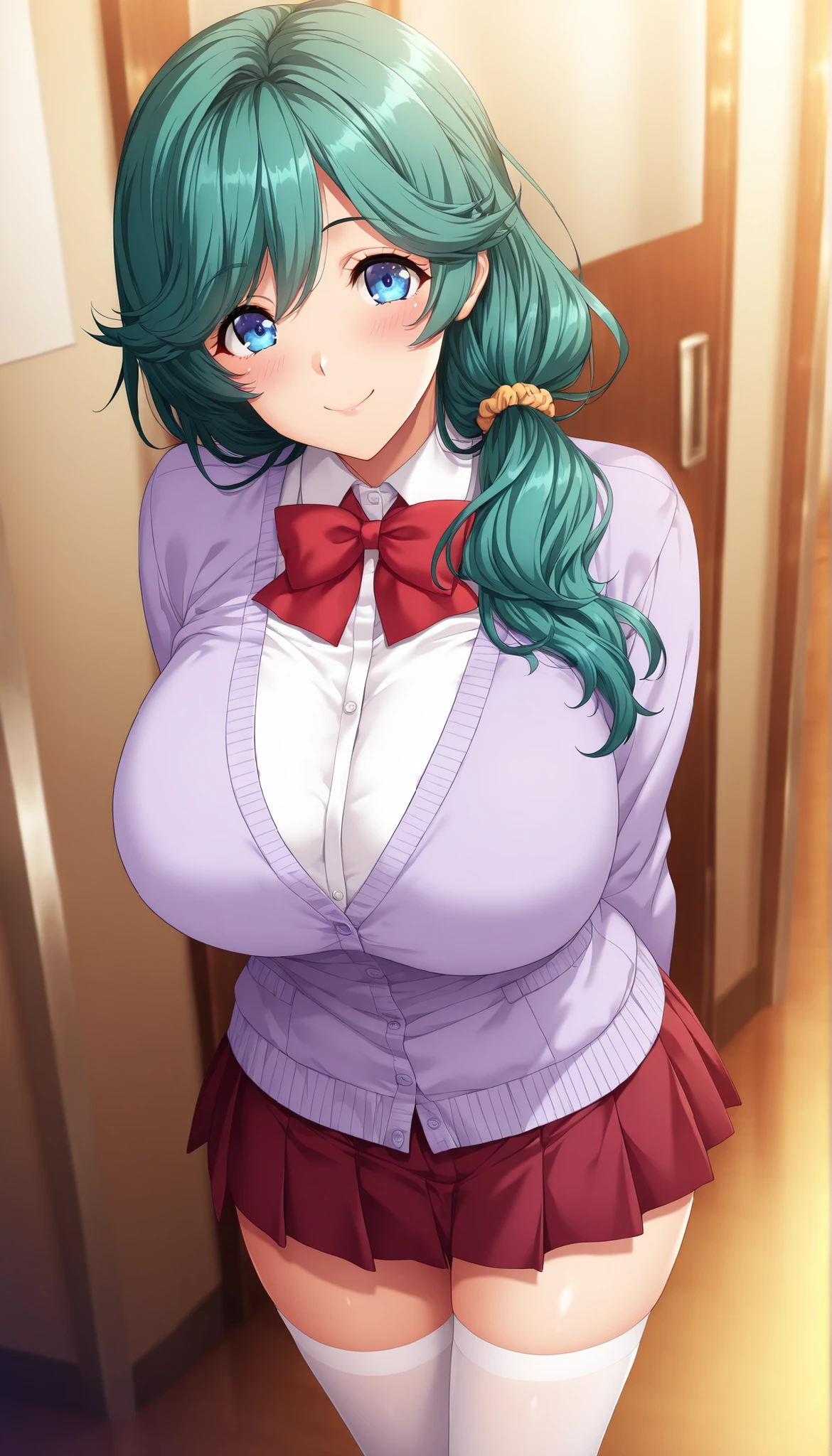 masterpiece, best quality, good quality, 1 girl, Tamai Tsugumi, teal hair, side tail, blue eyes, hair tie, large medium breast, beautiful breast, perfect ratio, slim, game cg style, blush, horny, slutty, smile, school uniform, white blouse, purple cardigan, red bow tie, maroon pleated skirt, thigh-high white stockings