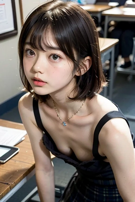 4K,((Highest quality)),((masterpiece)),BREAK,((one girl)),(detailed),((in classroom)), ((One girl)),((perfect ???????)),((????)),((12 years old)),((flat ?????:1.5)),(slender),(skinny),(bob cut hair),(show ???????),surprised, ((beautiful realistic face)), strong facial expression,(sharp eye:1.2),(scowl:1.1),(embarrassed,blush:1.3),(steam:0.8),(wet:0.8),(sweat:0.8),(trembling:1.3),(parted lips:1.3),(harf open eyes:1.4),(feeling weak:1.5),Beautiful Korean Women, Beautiful young Korean woman, Young and adorable Korean face, Gorgeous Young Korean Woman, Korean Girls, Girl cute beautiful face, Portraits of Korean female idols, Young and pretty Asian face, Cute natural anime face,Asian pretty face,((finely detailed face)),((glistening eyes)),((glistening eyes )),((large eyes)),(( pretty eyes)),(detailed),Perfect Face,((One girl)),((clear eyes)),((show ???????)),((beautiful skin)),don't wear anything,(upper body),kitchen,(????? lace frill apron),((A bow tie)),(show ???????)