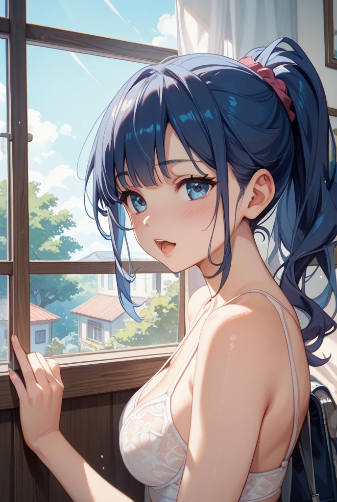 (Highest quality:1.4、8K:1.4、detailed)、F cup bust、Big Breasts、Slim body、Very white beautiful skin、((((1 person、Surprised expression、sit、Chair、In the background are the urban buildings of Tokyo、looking at the camera、Outdoor café terrace、coastal、Navy hair color、juice、White side string high leg bikini、Shooting up close、table、Very cute face))))、(Pose of putting hair behind ears with hands:1.4、)、Very blue sky、A completely cloudless sky
