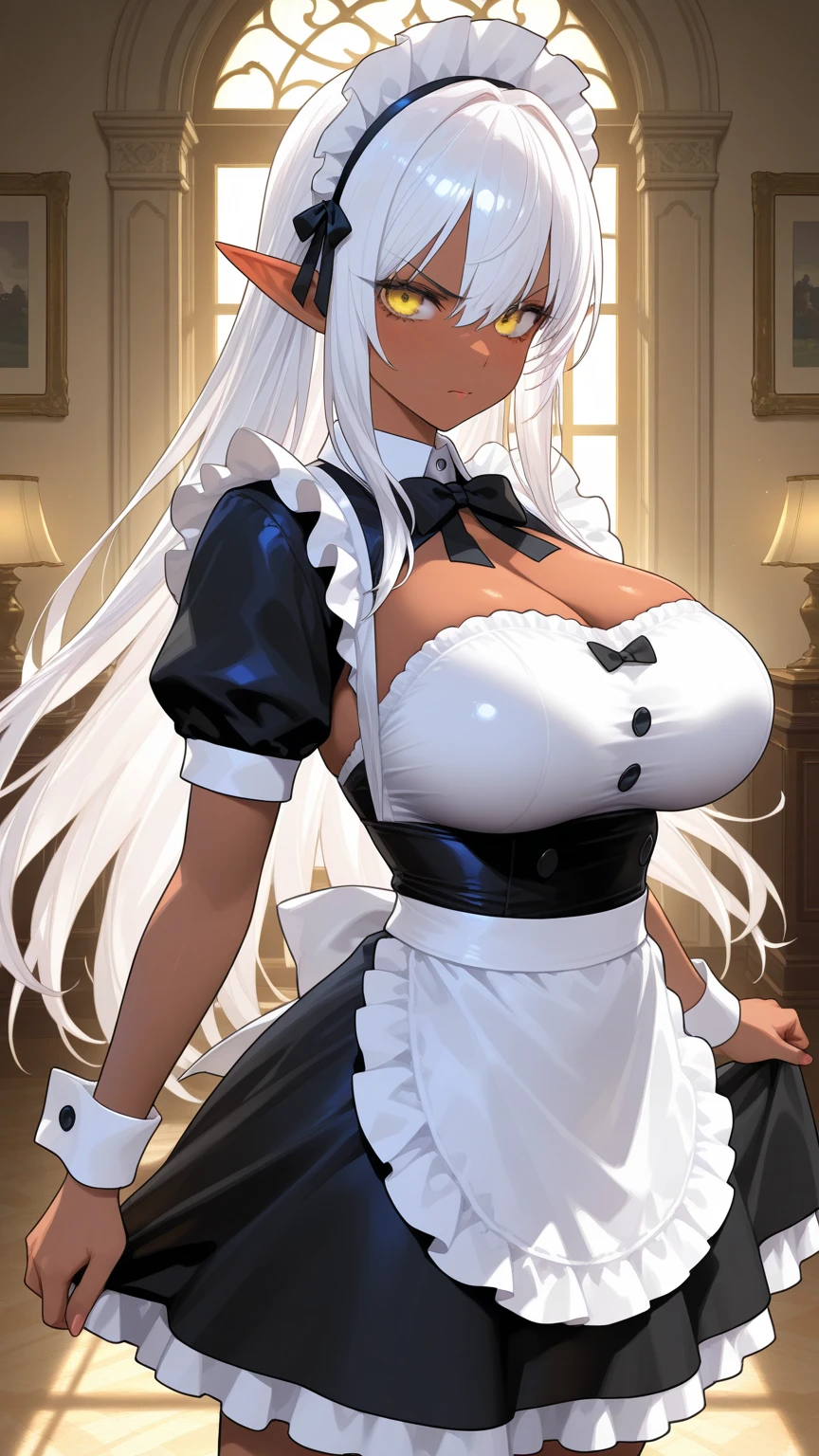 {masterpiece, distinct_image, extremely detailed CG, (extremely detailed fine touch:1.2),beautiful eyes and detailed face, (white_light, light rays, dappled light, ray tracing:1.2), photo realistic, 4k, 8k, high_resolution, (perfect_finger:1.5), (beautiful_detailed_eyes:1.3), glitter, white_light, (glow_white_face, front_light:1.3),{1girl, face_focus, looking for_in_viewer, cowboy_shot, standing},{adult,curvy, (????????????, wide_hip:1.3),thigh_gap, groin, narrow waist, skinny stomach,(maid uniform, cleavage, luxury monocle, white gloves:1.7),(white hair, long hair, blue eyes, bangs:1.3)smiling face}