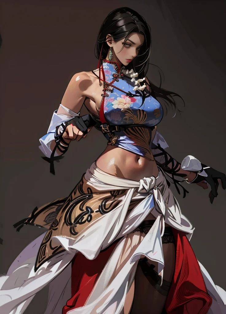 Ponytail, beautiful female warrior, approximately 20 years of age, with a perfect body and dressed only organza  coat (: 2.0) , The character has dark blue hair with red highlights, tied in a horse tail, and holds a short sword in her hand. I would like the drawing to be done in any graphic convention that fits the character’s nature, wet skin, (wet:2.0), shiny skin,  organza flowing coat, photorealistic: 2.0. Shiny skin,