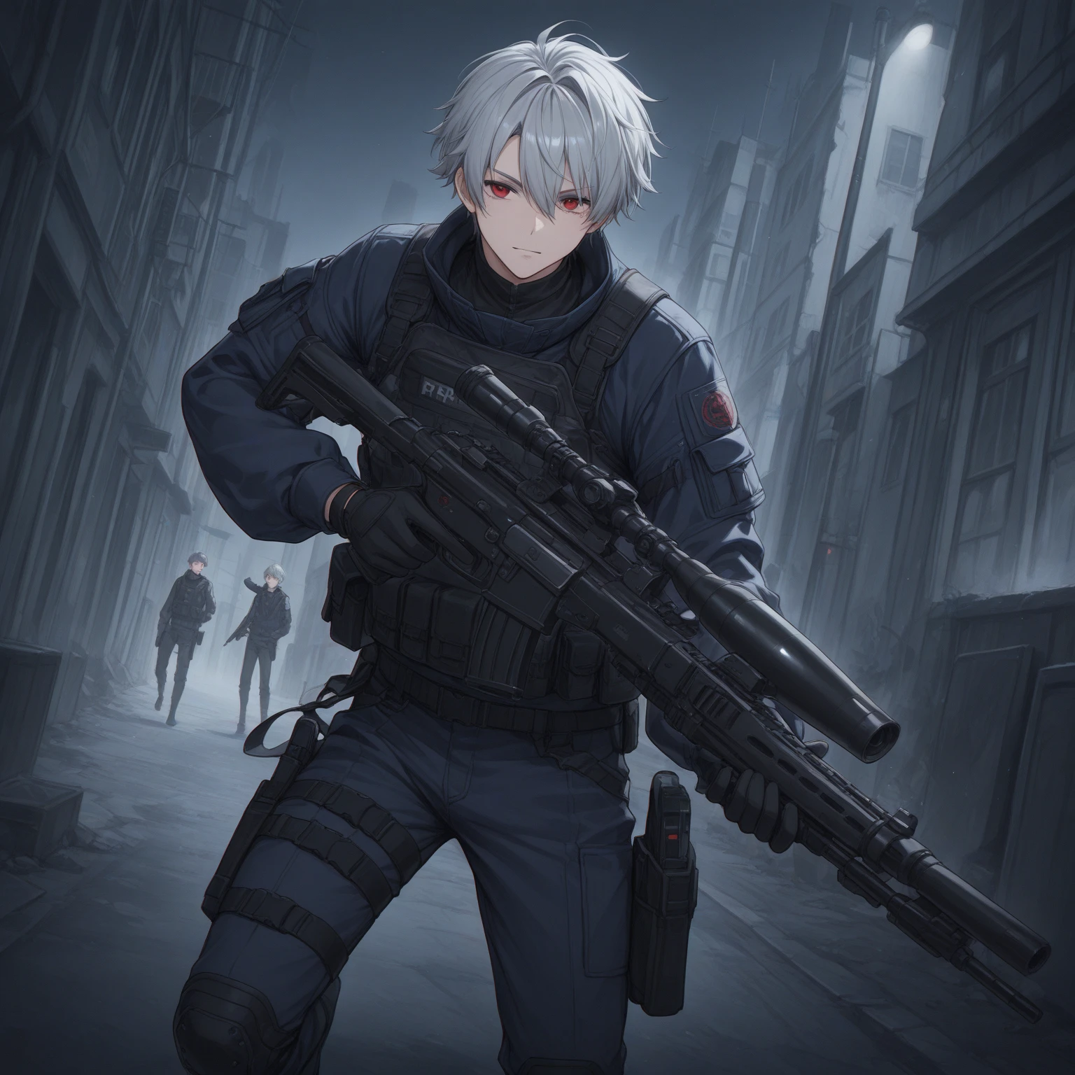 anime character with gun in hand and scarf, an anime drawing inspired by Okumura Togyu, trends on pixiv, neoism, trigger anime art style, Anime main art, white  hair, best 4k konachan anime wallpaper, an angry teenage killer, de white  hair, male anime character, anime character detailed art, com sniper na cor branca



Cabelos curtos e bagunçads 

Cachecol branco cobrindo o rosto 

Roupa preta de assassino 

Sniper branca pintada de branca detalhes brancos 