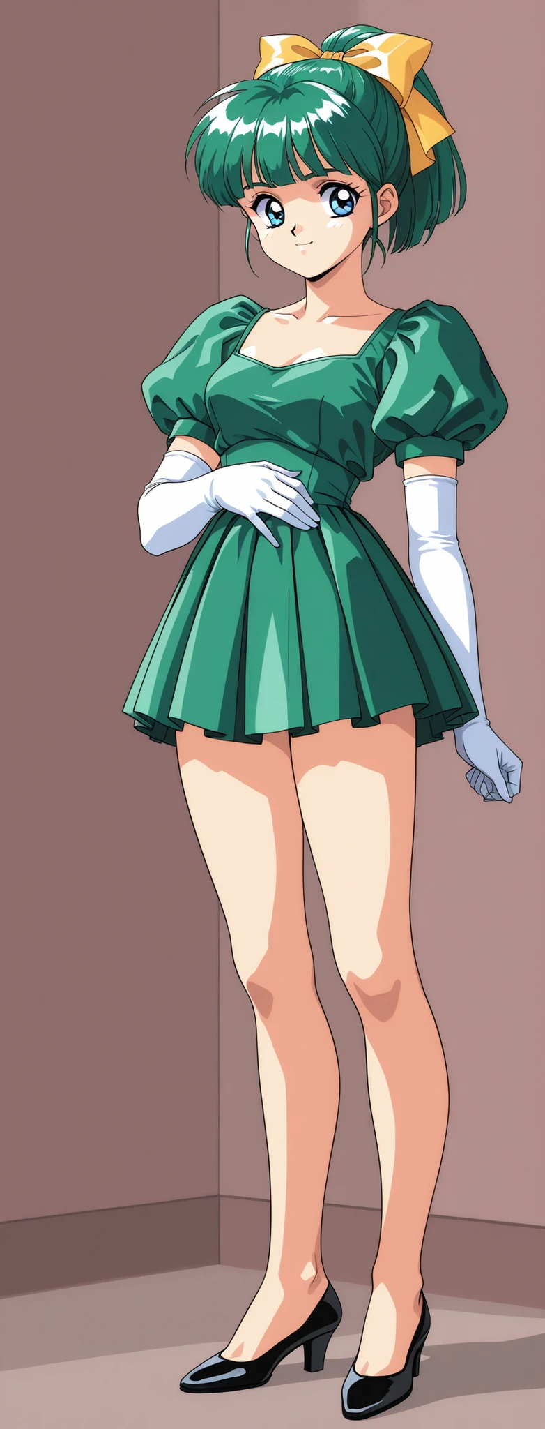 1 girl solo,green hair,short hair,Ponytail,blue eyes,hair ribbon,Yellow Bow,Hair Bows,bungs,1990s(style)、角井綾style,全身style,Medium Bust,Bare legs、Standing straight facing the front in a long green dress,mini pleated dress,puff sleeve to put on your stomach,elbow gloves,white gloves,black heel pumps,standing straight facing the front,