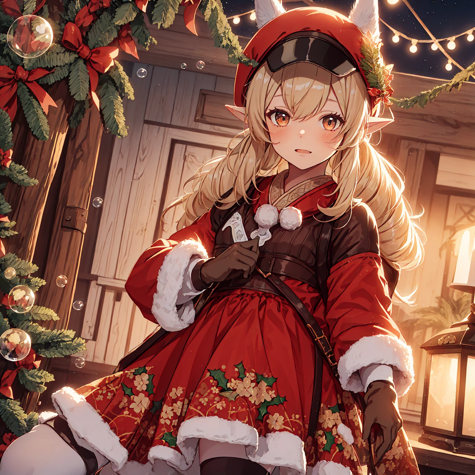masterpiece, best quality, a girl smiling sitting on the floor, christmas (crop shirt), christmas skirt, white tights, red lolita pumps, holding a steampunk candle, magical garden at night, blue sparkles floating