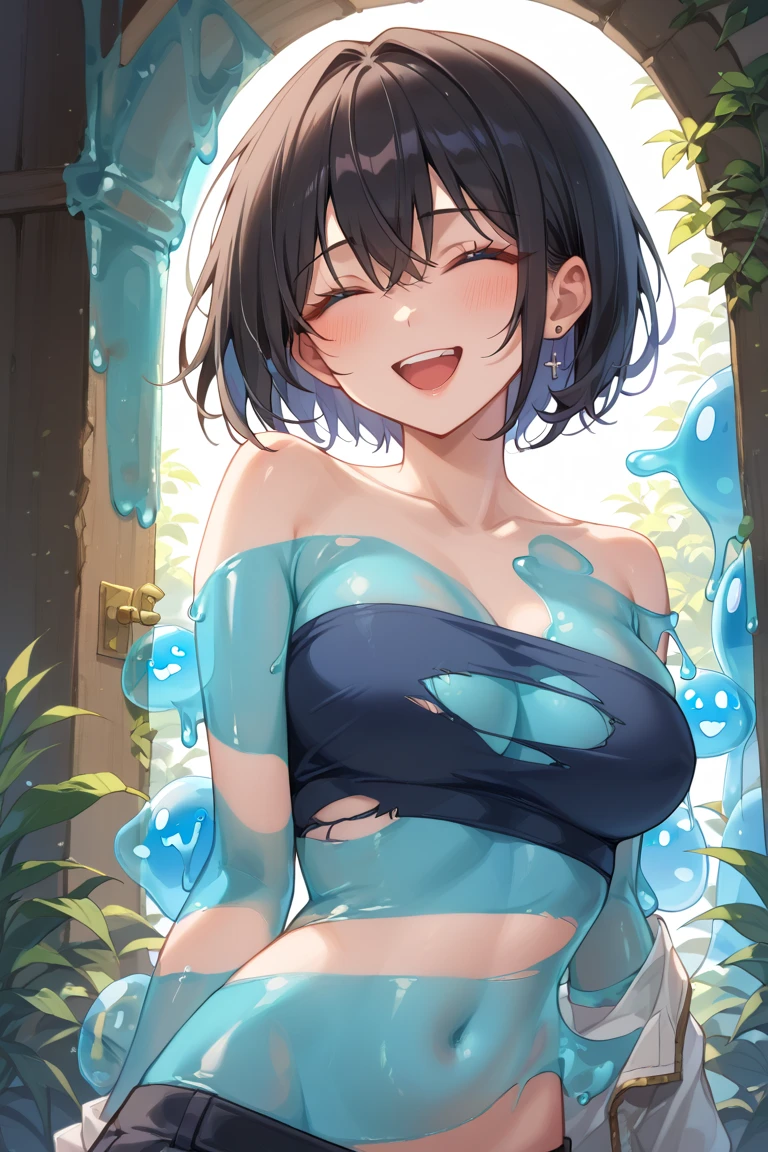 (masterpiece), best quality, (16k), expressive eyes, perfect face, teenagers, 1 girl, solo, large breast, navel, ((())), (((wet cobalt blue solid pencil ))),  arms,  legs, shiny skin, wet body, outdoors, in the waterfalls, wading, black hair, wet hair, bob cut, closed eyes, :D, (:1.3) standing, (cowboy shot), (from front),
