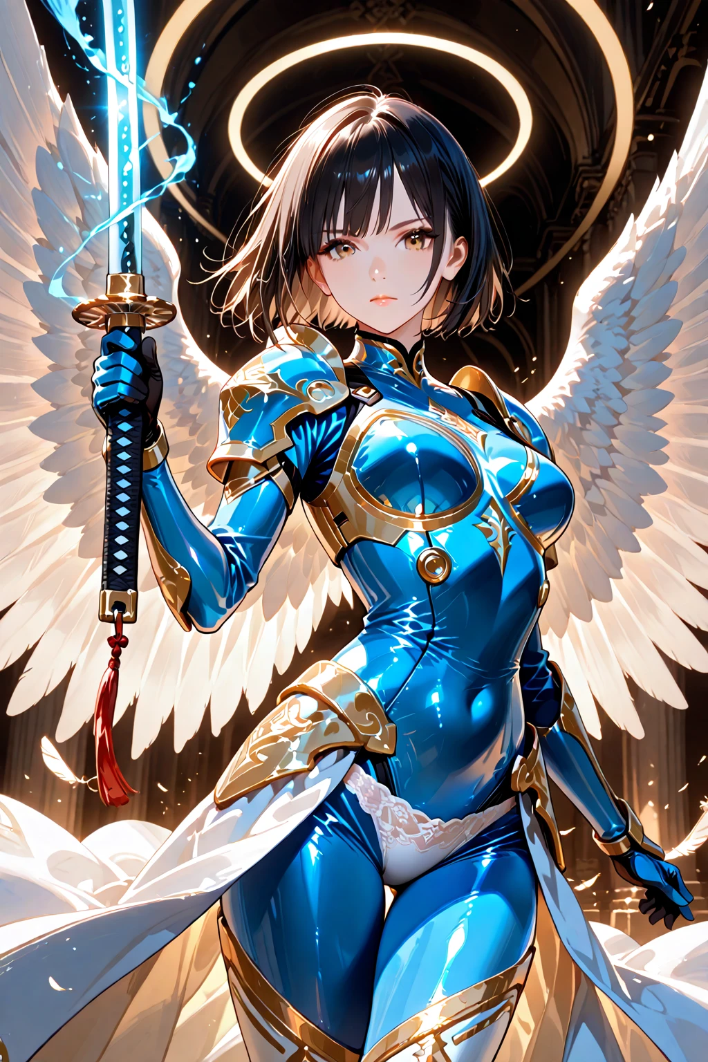 fantasy, 1angel_girl,(young_teen:1.5), ,brown_hair, medium_bob_hair, long_bangs, halo,bare_shoulder,thighhighs,silver_armor, waist_armor, large_breasts,1pair_wings, dynamic_pose_fighting,floating, bare_crotch, headgear,gauntlet, greaves,city_landscape_background,slightly_spread_legs, solo, groin_naked,smile