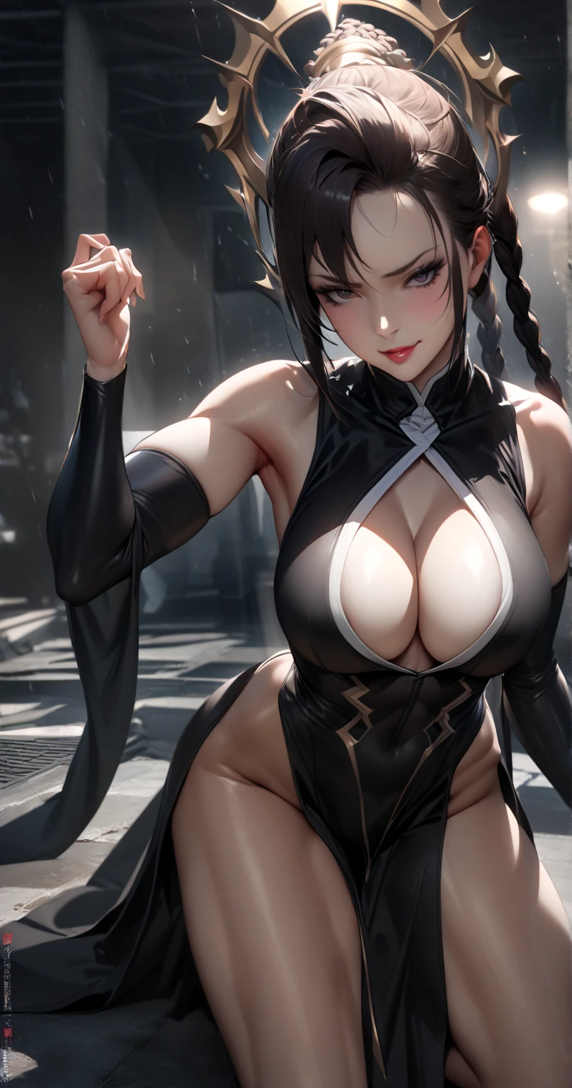 8k,masterpiece, bset quality,big, (1 girl), shiny skin, shiny big, (best quality)), crisp focus: 1.2, highly detailed face and skin texture, detailed eyes, perfect face, perfect body, art, cg, blur background, Japan person, katana, ninja,  shoulders, detached sleeves, cleavage, pelvic curtain,fishnet stockings,ponytail,big with presence,Japan castle roof, moon, midnight, cowboy shot, dynamic pose, angry, speed lines, fighting pose, waistband,