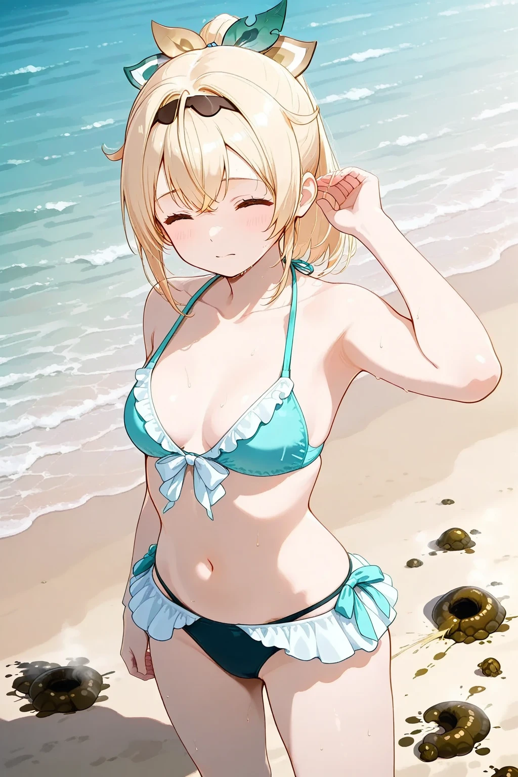 (extremely detailed CG unity 8k wallpaper), (masterpiece), (best quality), (ultra-detailed), (best illustration), (best shadow), (absurdres), 1girl, alone, Mirika hoshizaki, blonde hair, solo, breasts, swimsuit, double bun, bikini, hair bun, open mouth, earrings, black bikini, cleavage, smile, jewelry, green eyes, large breasts, looking at viewer, beach background, short hair, :d, blush, gradient background, fangs, upper body, excellent hands, excellent anatomy