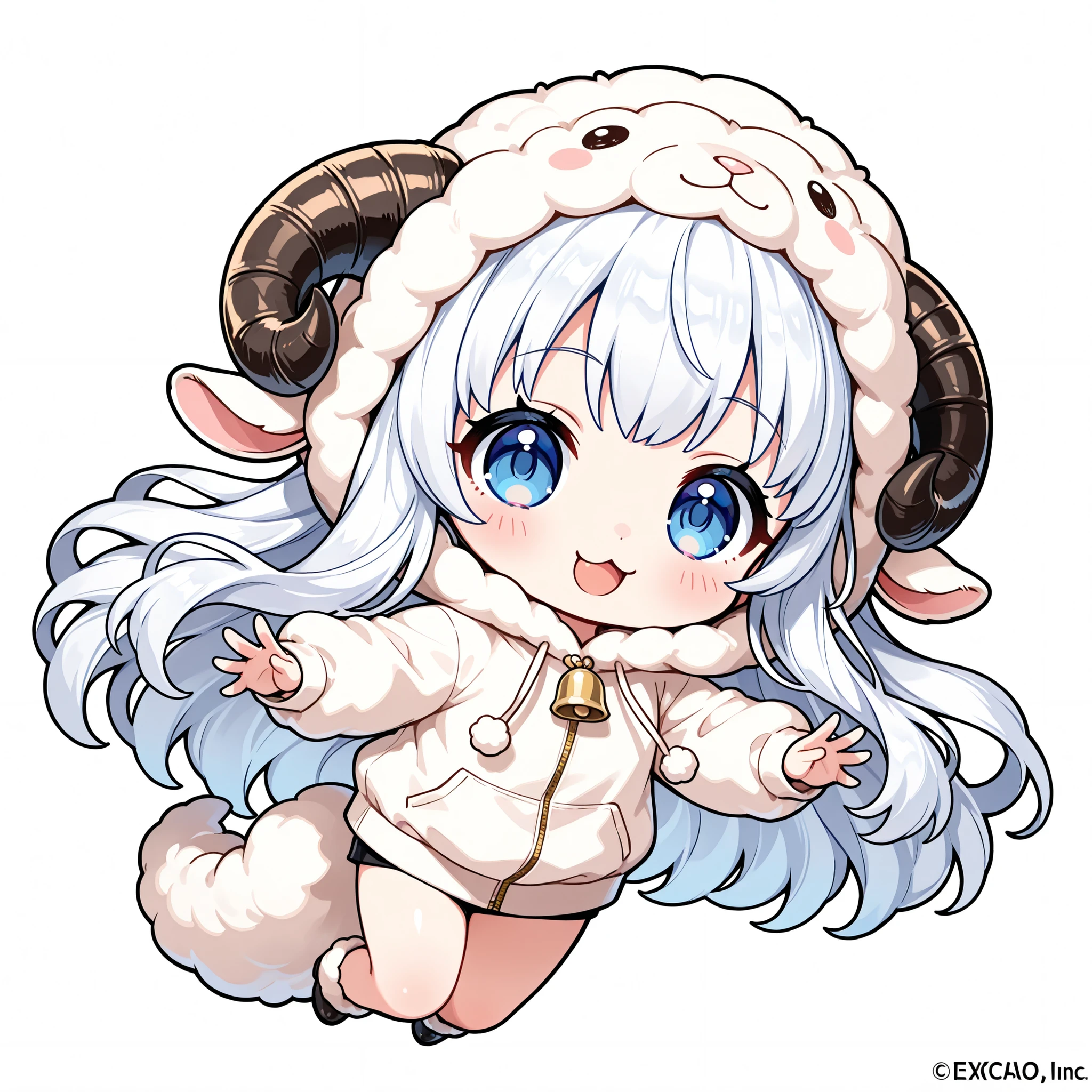 (masterpiece), (best quality), chibi, stylized, around 2.5 heads tall, small body, proportionally big head, official art style, thick outlines, clean lines, vibrant colors, cute, expressive,
1 (chibi girl),(solo:1.2),white hair,long hair,straight hair,baby face,tareme,blue eyes,cute,kawaii,BREAK white fox tail,fluffy tail,Thighs,
wearing a sheep-themed hoodie, hood designed like a sheep’s head with small ears and fluffy curled wool texture,Sheep's Horn,soft white fleece fabric, and matching sheep-style feet,hood up,
(:3),open mouth-wide,blush,dynamic pose,facing ahead,
full body,dynamic angle,simple background,black outline,bold,