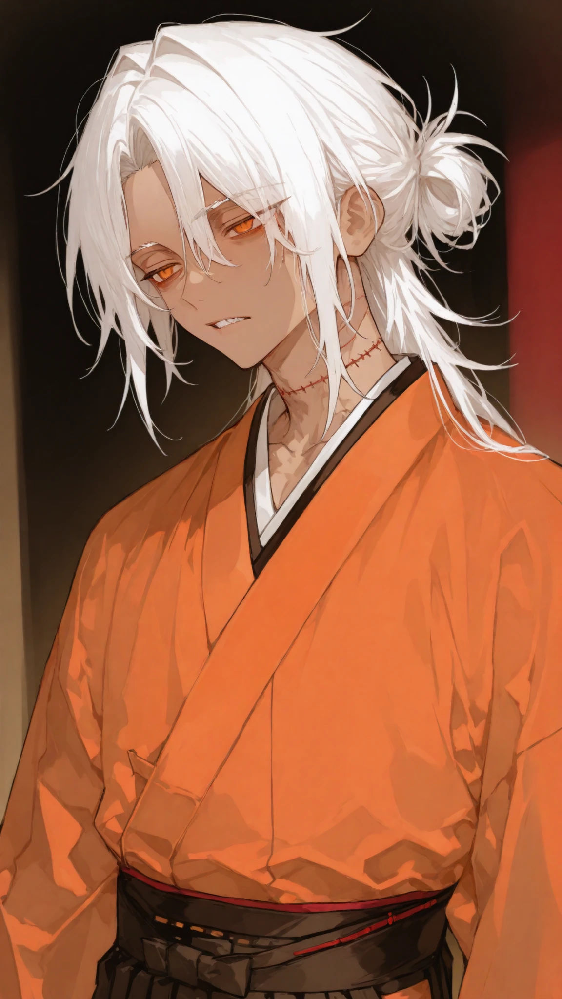 Male,long hair,white hair,Thriving hair ,tanned, orange eyes ,Orange Kimono,Hakama,standing,suture wound, กางเกง Black hakama,Grit your teeth,bored,Lots of stitches,Upper Body Shape,short hair