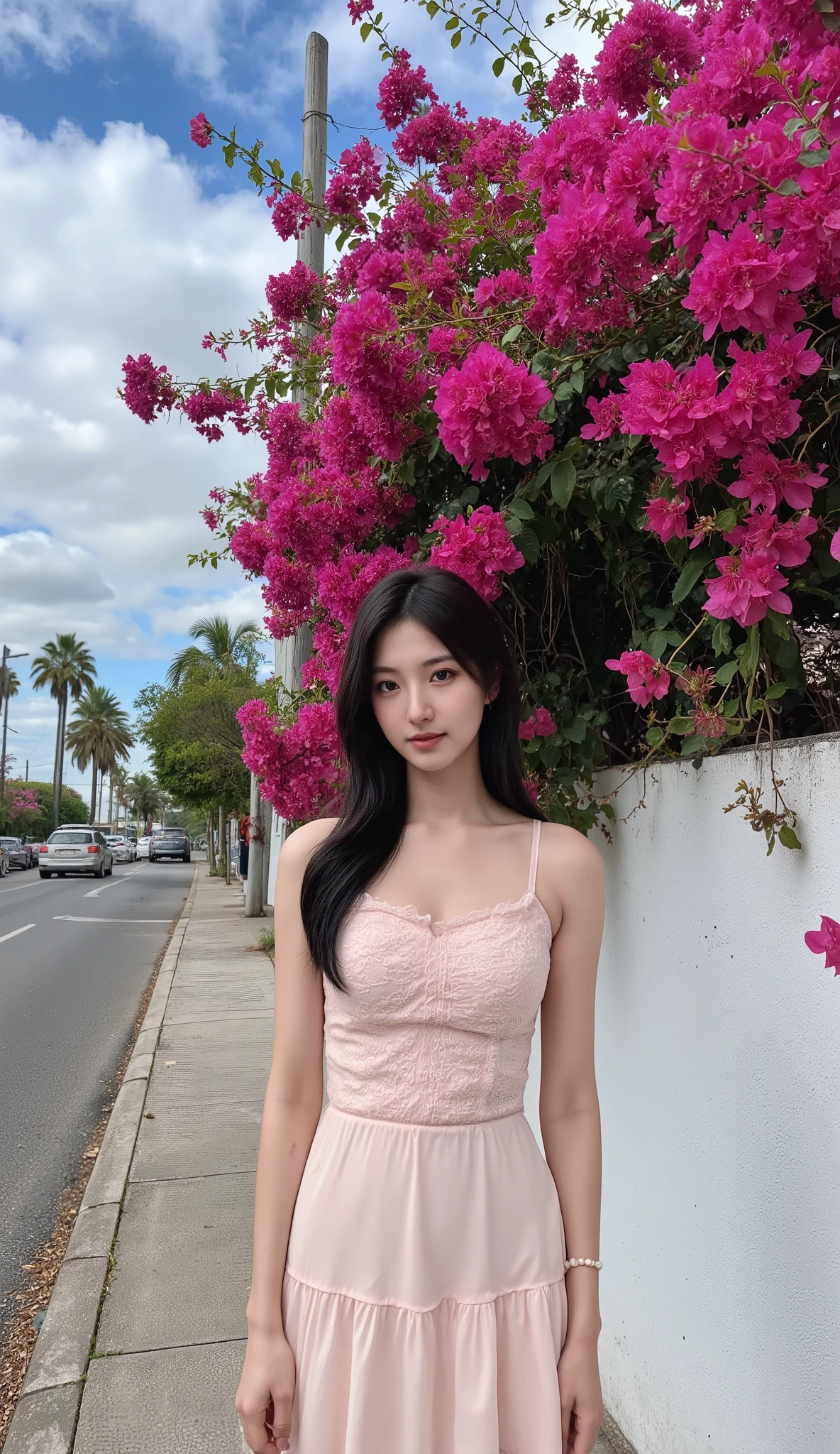 A young woman stands on a sidewalk beside a vibrant wall of bougainvillea flowers in full bloom. The flowers are a rich pink, cascading over a white wall, offering a striking contrast with the green leaves peeking through. She wears a light pink dress with delicate lace trim at the neckline and a layered, ruffled skirt. Her dark hair cascades over her shoulders, and she accessorizes with a simple pearl bracelet. The setting is a quiet street, with a few parked cars and palm trees visible in the background, under a sky with scattered clouds. The overall atmosphere is serene and colorful, with the lush flowers framing the scene beautifully.