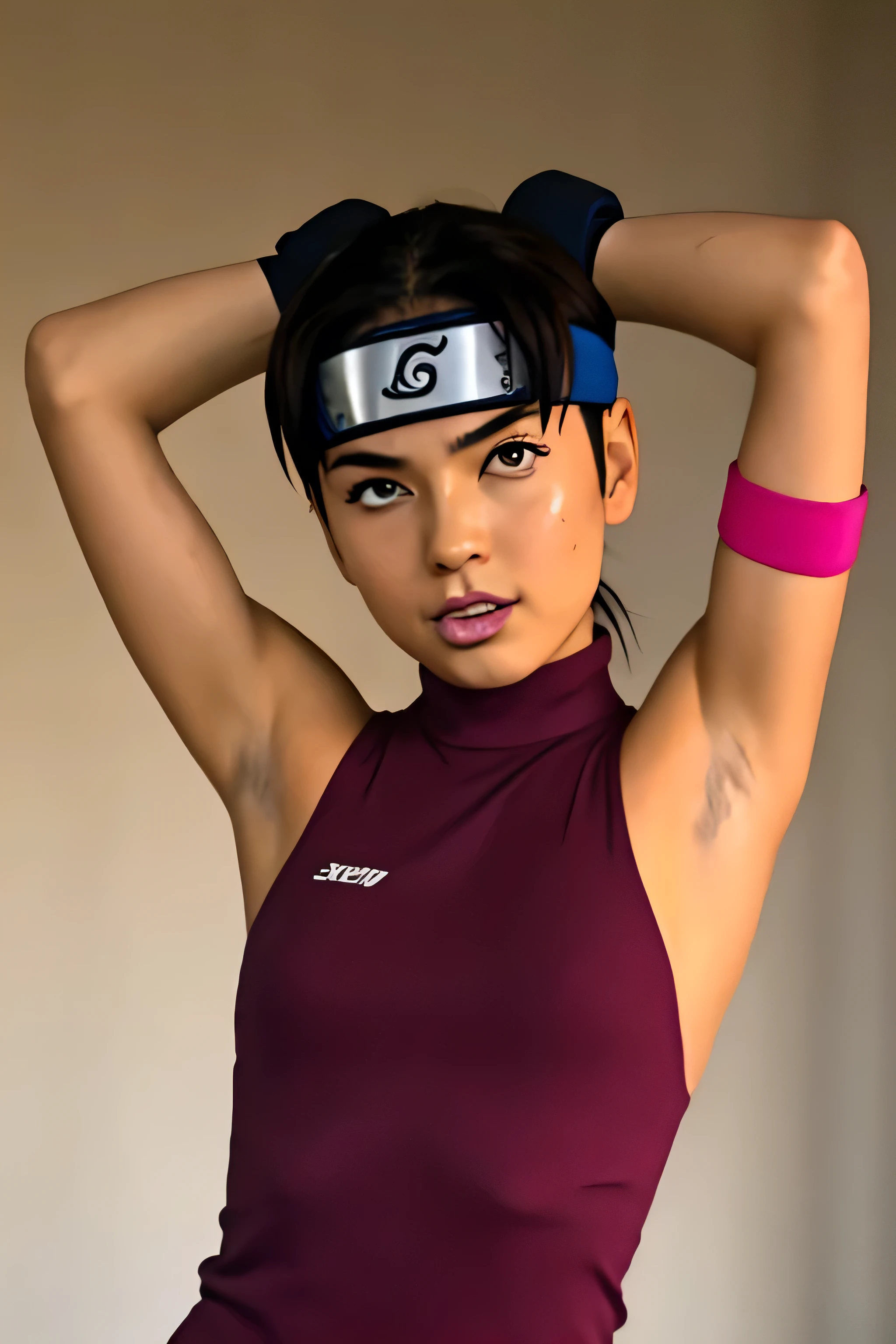 Tenten,human woman with fair skin and slight tan.with brown eyes and pink clothing. Her hair is long and brown in color; She is beautiful. Fair skin.Tsundere face. Pink eye shading,mature appearance,armpits,sweat,sweaty,sweaty armpits,arms up,showing armpits,awesome armpits,outfit,blackish red arm warmers,maroon arm bands,pink arm warmers,tongue, wearing black gloves
