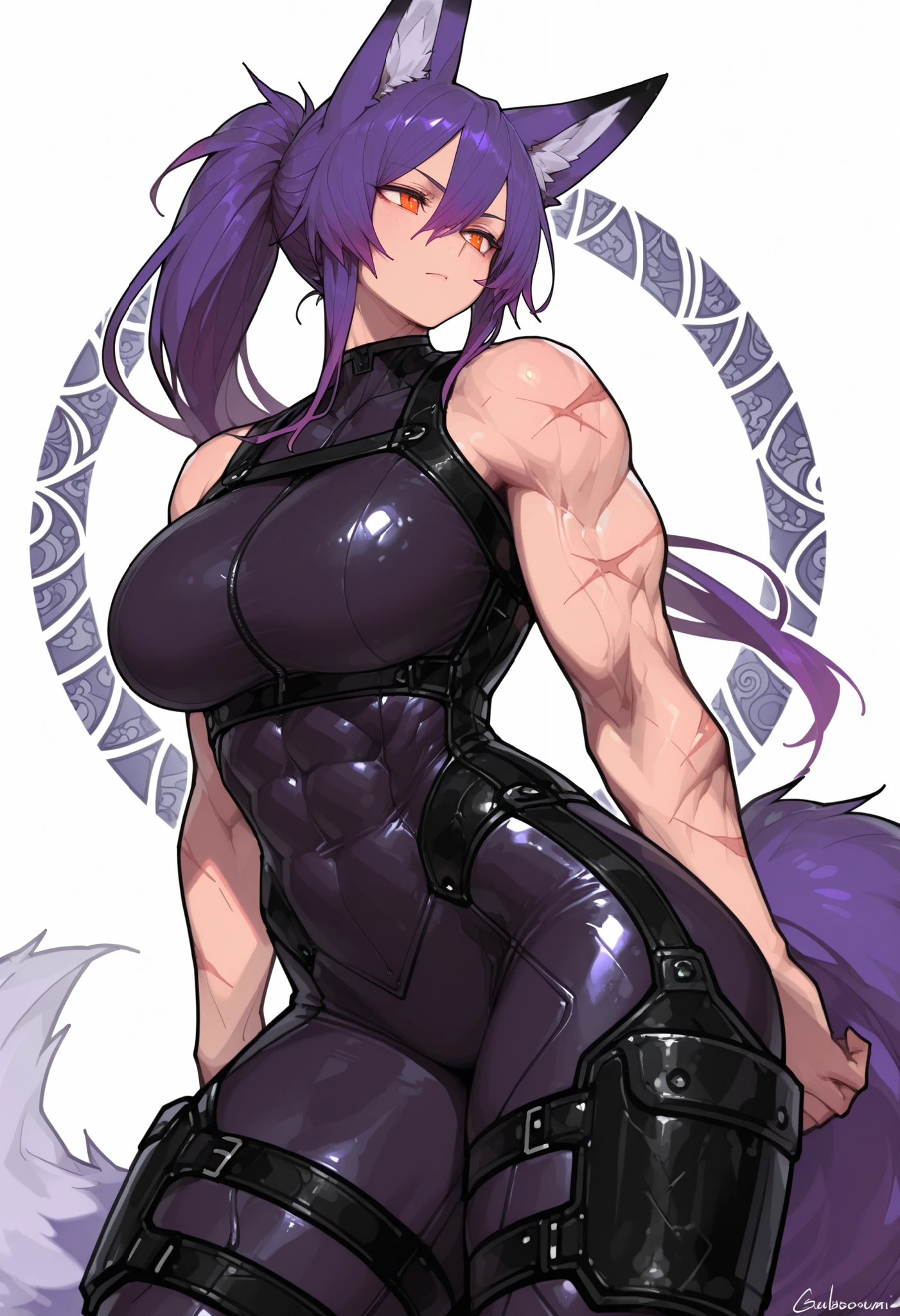 gorgeous kitsune girl, beautiful face, kitsune, purple color hair, hunter girl, orange eyes, detailed eyes, personalami style, volputrous body, covered breasts, curvy and athletic, kitsune ears, ponytail hair, fox tail, lean muscles, torso and legs wrapped in black bondage, bodysuit on upper torso and arms, leather armor, scaly patterns on suit, bare arms and neck, scars on arms, light abs, calm, lean but muscular arms and legs, athletic body, fox ears, dominant expression, long hair, masterpiece, ultra definition, simple white background, dynamic combat pose