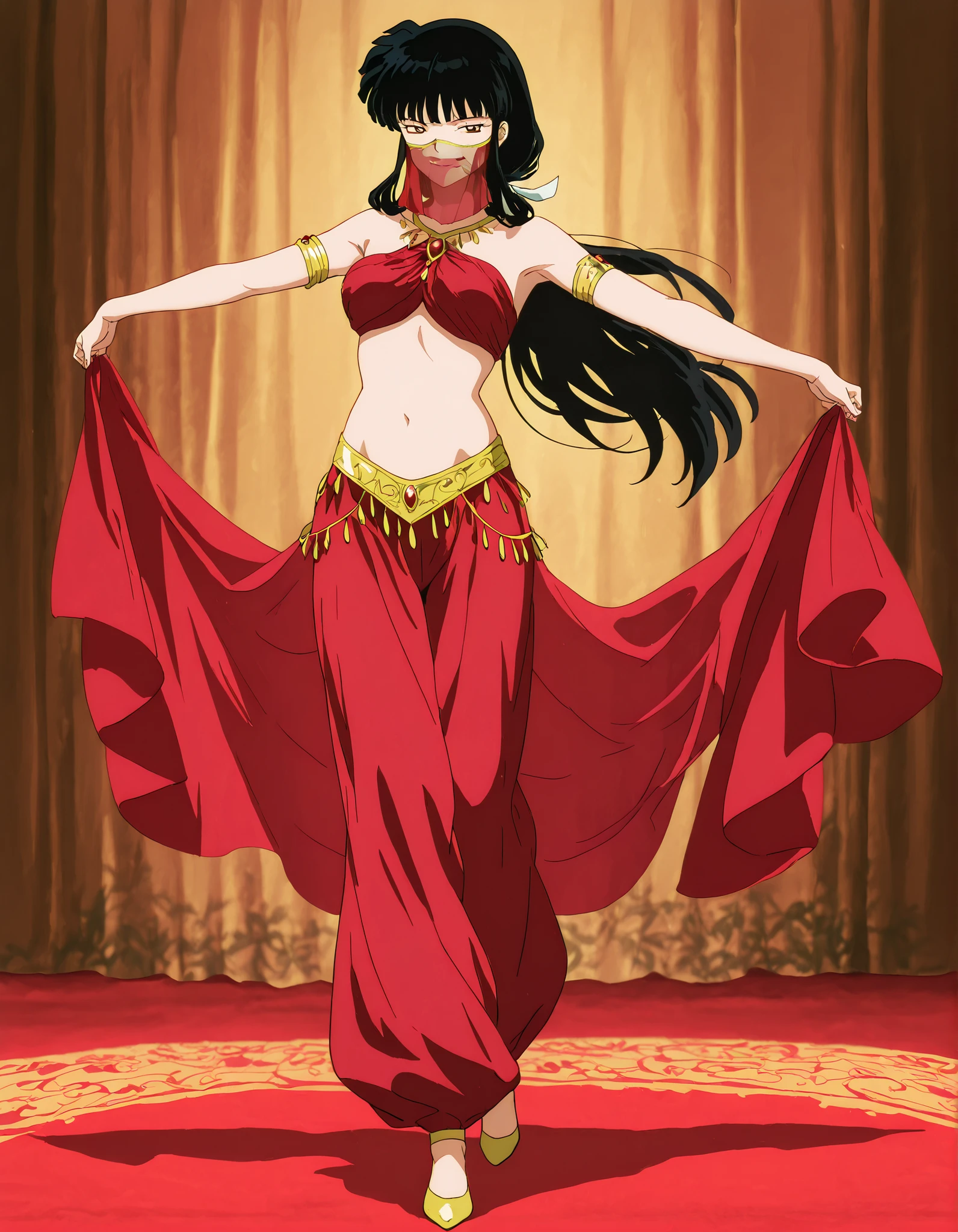 (1girl:1 . 5) , (Seul:1 . 5) , score_9 , score_8_haut , score_7_haut , source_anime , Official work , ultra-detailed , masterpiece , best quality , high resolution , beaux yeux , detailed eyes , Detailed face , beautiful detailed eyes,1girl,long hair, black hair, brown eyes, sidelocks, himecut,InuYasha,Kikyou,Arabian Clothes , Arabian Dancer Outfit ,belly dancer costume,belly dancer outfit ,full body,golden jewelery,mouth veil,armlet,belly dancing,arabian theater,seductive smile, dancing with veil, dynamic movement,dance posture, seductive pose