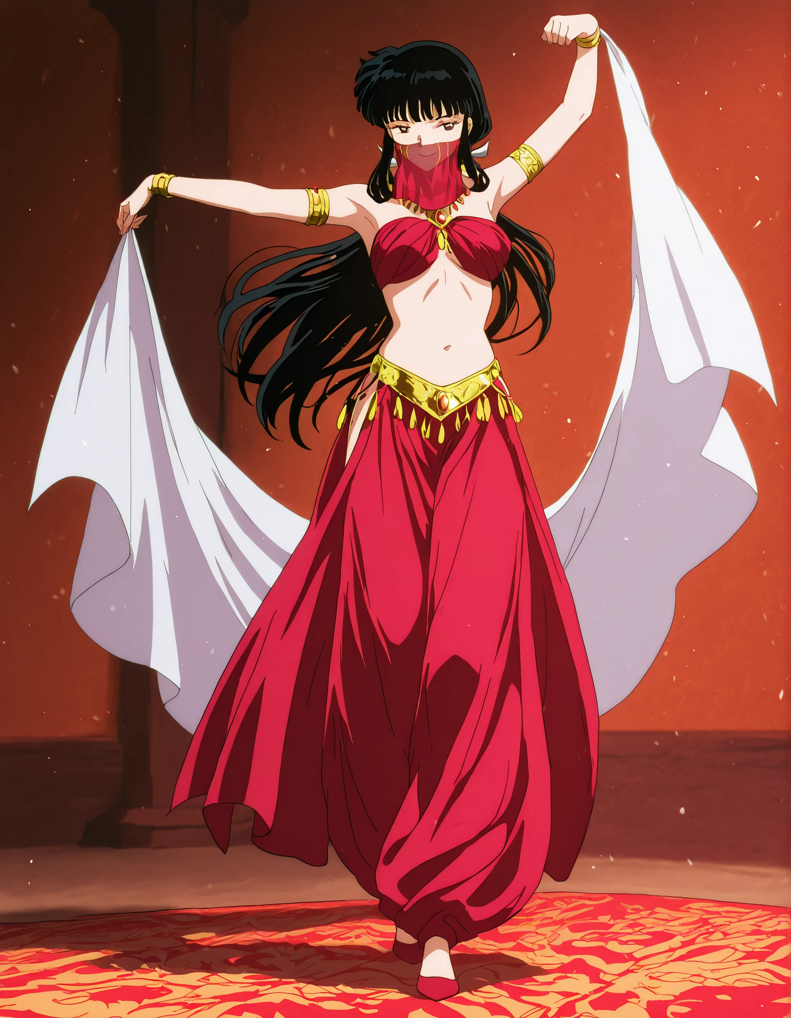 (1girl:1 . 5) , (Seul:1 . 5) , score_9 , score_8_haut , score_7_haut , source_anime , Official work , ultra-detailed , masterpiece , best quality , high resolution , beaux yeux , detailed eyes , Detailed face , beautiful detailed eyes,1girl,long hair, black hair, brown eyes, sidelocks, himecut,InuYasha,Kikyou,Arabian Clothes , Arabian Dancer Outfit ,belly dancer costume,belly dancer outfit ,full body,golden jewelery,mouth veil,armlet,belly dancing,arabian theater,seductive smile, dancing with veil, dynamic movement,dance posture, seductive pose