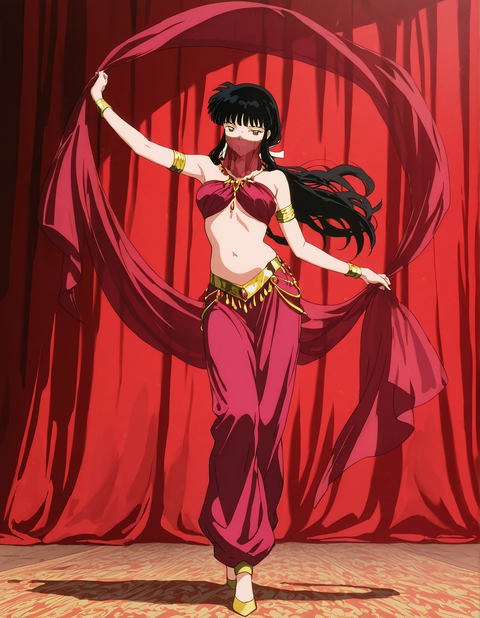 (1girl:1 . 5) , (Seul:1 . 5) , score_9 , score_8_haut , score_7_haut , source_anime , Official work , ultra-detailed , masterpiece , best quality , high resolution , beaux yeux , detailed eyes , Detailed face , beautiful detailed eyes,1girl,long hair, black hair, brown eyes, sidelocks, himecut,InuYasha,Kikyou,Arabian Clothes , Arabian Dancer Outfit ,belly dancer costume,belly dancer outfit ,full body,golden jewelery,mouth veil,armlet,belly dancing,arabian theater,seductive smile, dancing with veil, dynamic movement,dance posture, seductive pose