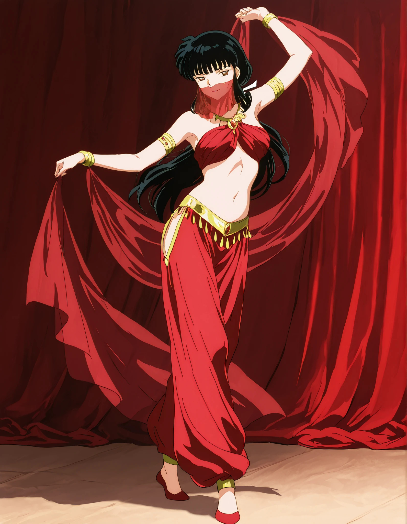 (1girl:1 . 5) , (Seul:1 . 5) , score_9 , score_8_haut , score_7_haut , source_anime , Official work , ultra-detailed , masterpiece , best quality , high resolution , beaux yeux , detailed eyes , Detailed face , beautiful detailed eyes,1girl,long hair, black hair, brown eyes, sidelocks, himecut,InuYasha,Kikyou,Arabian Clothes , Arabian Dancer Outfit ,belly dancer costume,belly dancer outfit ,full body,golden jewelery,mouth veil,armlet,belly dancing,arabian theater,seductive smile, dancing with veil, dynamic movement,dance posture, seductive pose