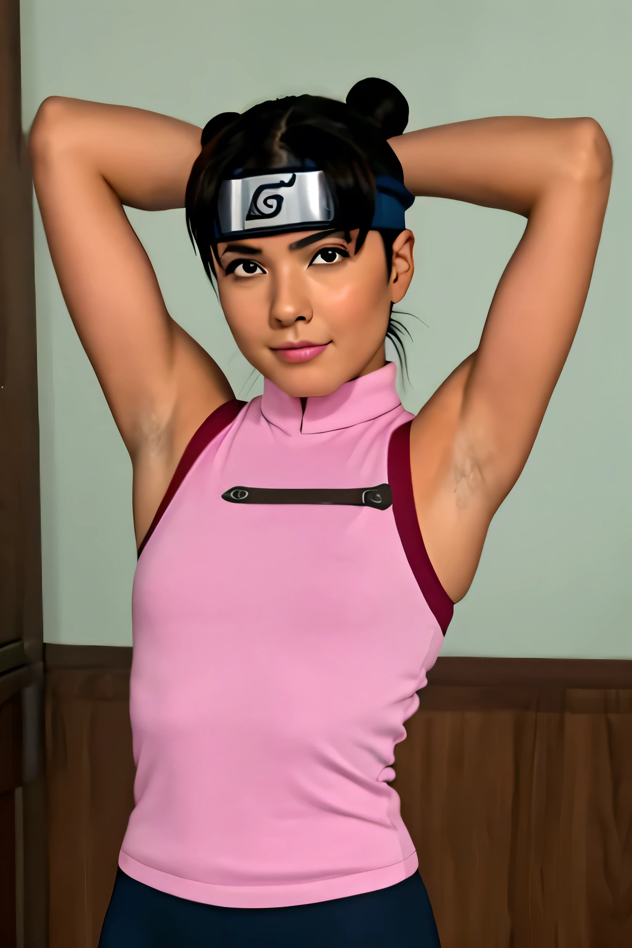 Tenten,human woman with fair skin and slight tan.with brown eyes and pink clothing. Her hair is long and brown in color; She is beautiful. Fair skin.Tsundere face. Pink eye shading,mature appearance,armpits,sweat,sweaty,sweaty armpits,arms up,showing armpits,awesome armpits,outfit,blackish red arm warmers,maroon arm bands,pink arm warmers,tongue, wearing black gloves
